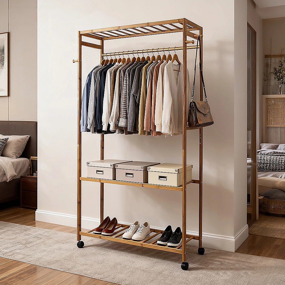 Wooden Clothes Rail with Shelves & Wheels – Open Wardrobe Rack Stand — image 5