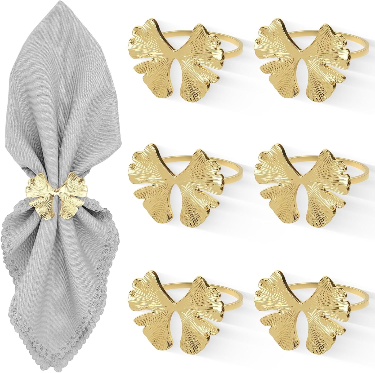 Fall Napkin Rings Set of 6, Ginkgo Leaf Bow Napkins Holders Rings for Holiday Party Dinner Wedding Banquet Dinning Table Settings - Gold