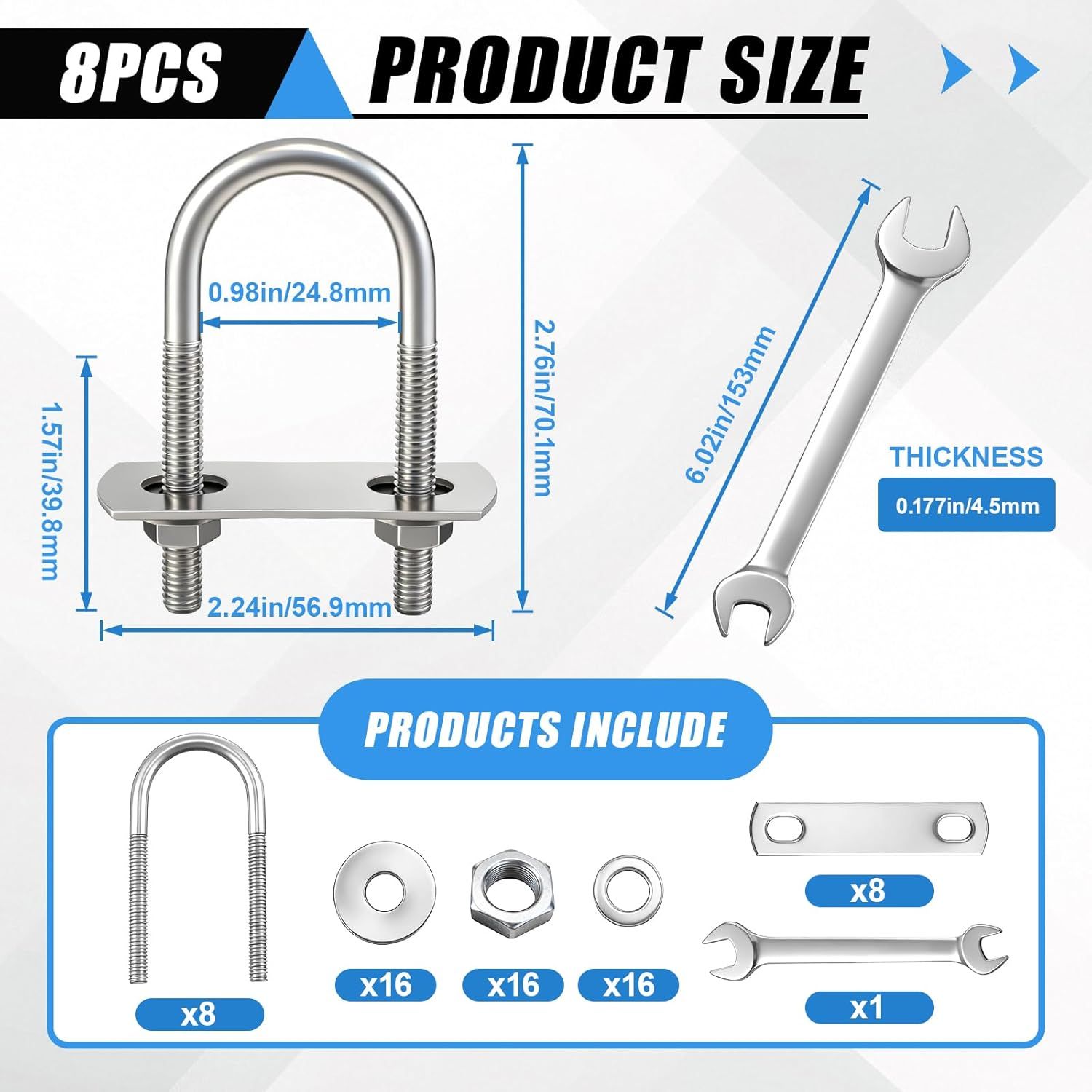 8 Sets M6 U Bolts 1 Inch Wide, 304 Stainless Steel Heavy Duty 25mm x 70mm U Bolts with Nuts, Bolt Plate, Washers and Wrench for Boat Trailer — image 2