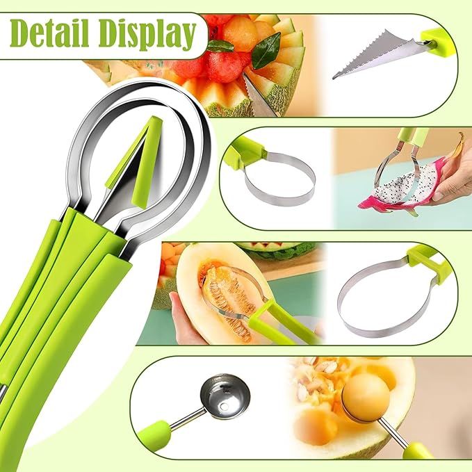 Melon Baller Scoop Set,4 In 1 fruit cutters shapes, watermelon scooper fruit scooper and baller, fruit carving tools(Green) — image 2