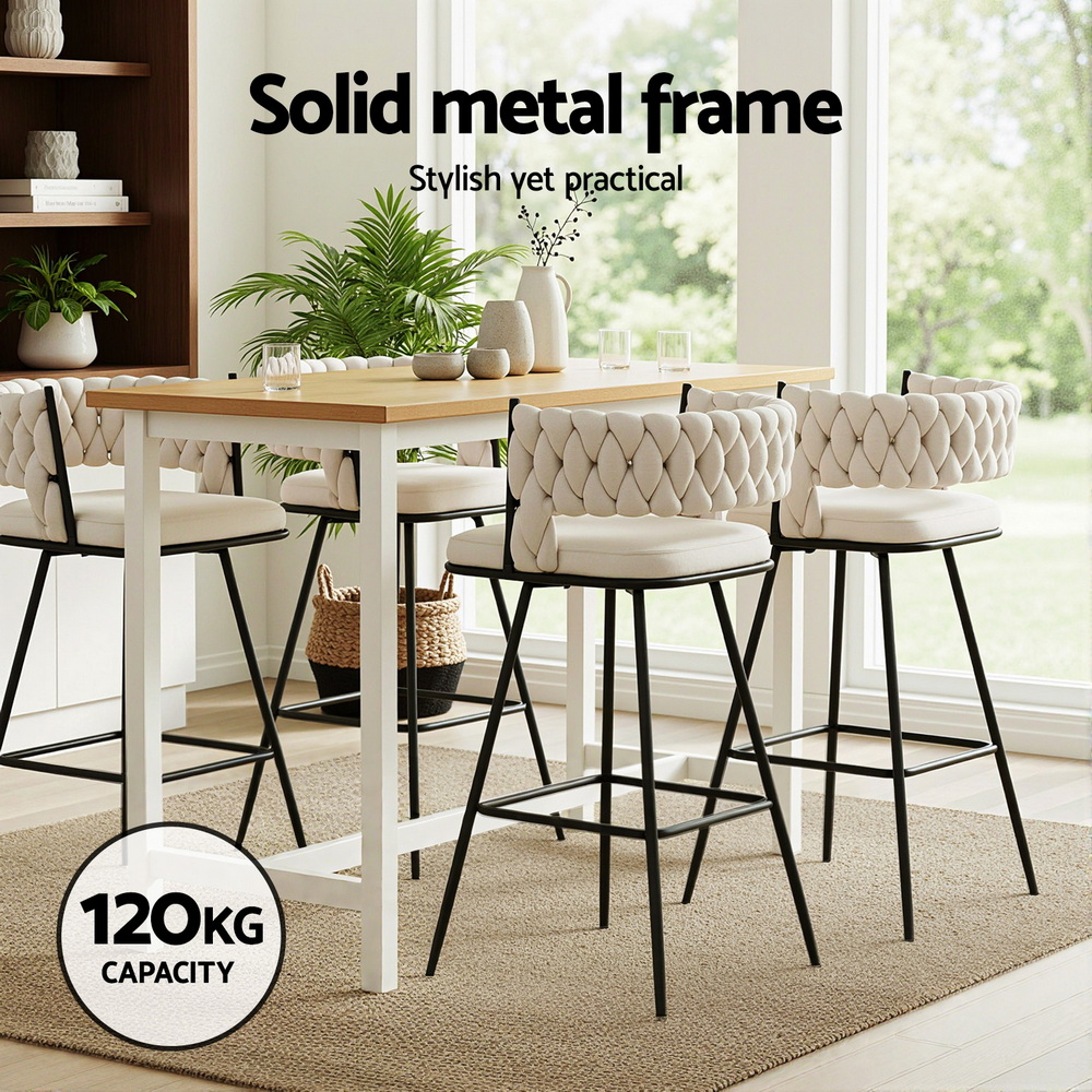 Artiss 2x Bar Stools Kitchen Dining Chair Counter Stool Woven Velvet Metal Ivory — image 4