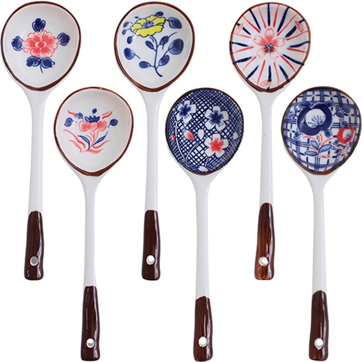 Set of ceramic soup spoons - 6 long-handled Japanese spoons - Easy-to-hold utensils for ramen, wonton, and miso soup - Elegant spoons for noodles and dumplings