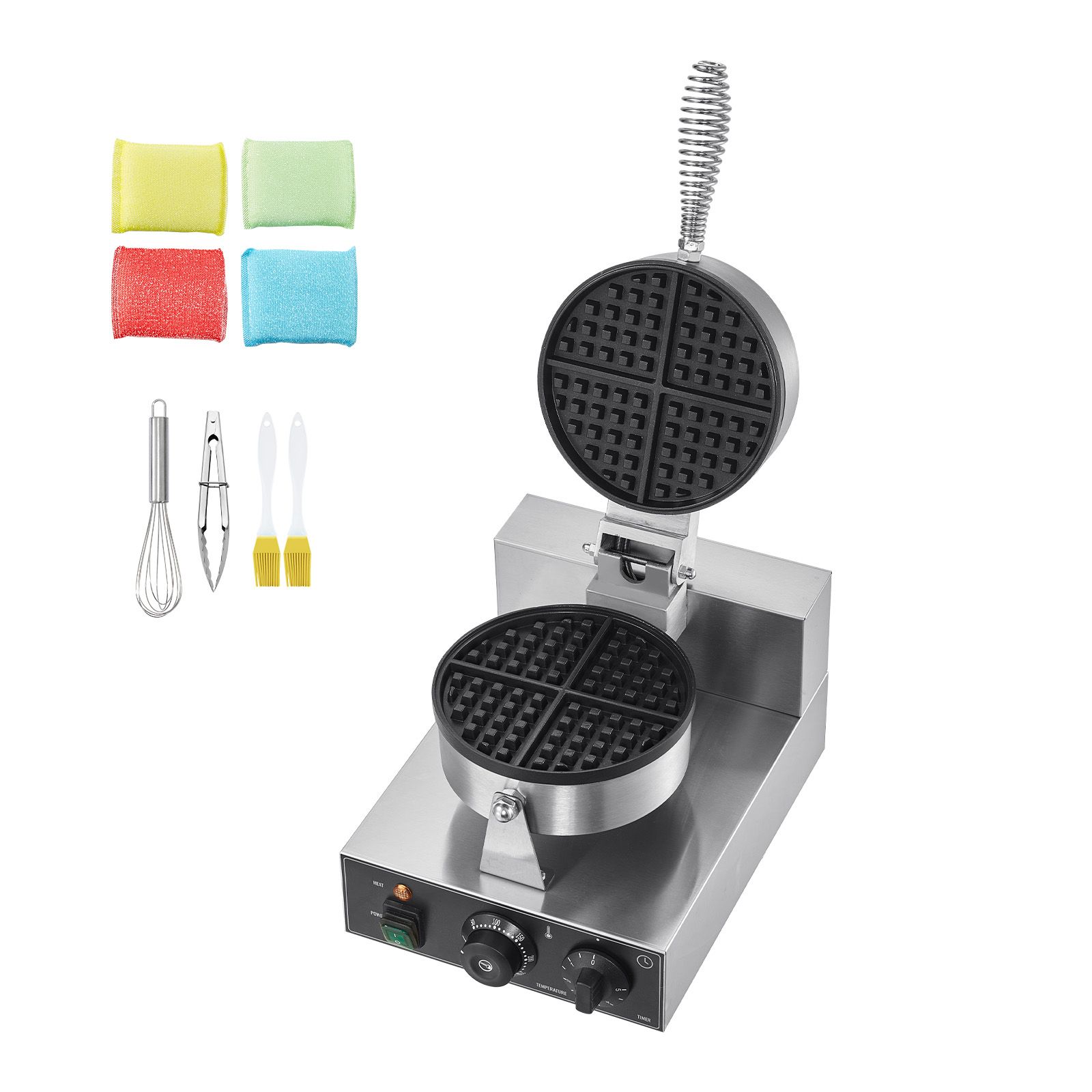 Commercial Waffle Maker, 1230W Round Waffle Baker Machine, Non-Stick Stainless Steel Belgian Waffle Iron with Temperature and Time Control, Handle