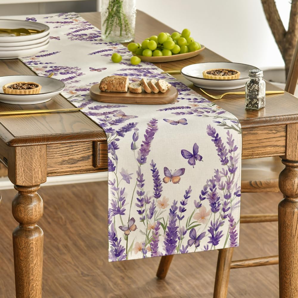 Purple Lavender Floral Butterflies Spring Table Runner, Seasonal Summer Kitchen Dining Table Decoration for Home Party Decor 13 × 72 Inch — image 3
