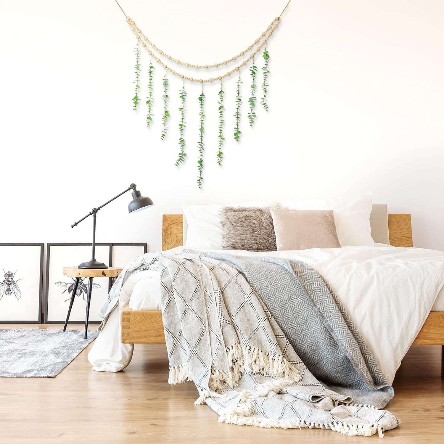 Hanging Eucalyptus Boho Wall Decor Large Boho Bedroom Wall Hanging Wooden Bead Garland Artiicial Eucalyptus Natural Greenery Decoration, 36 x 36 Inch โ image 5