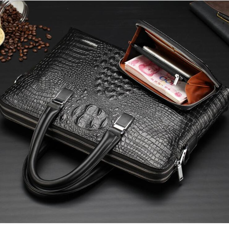 Brown Men's Luxury Crocodile Embossed PU Leather Briefcase(39 x 8 x 28 CM) With FREE Crocodile Wallet - Dual-Zip Business Shoulder/Crossbody Laptop Bag (Fits — image 4