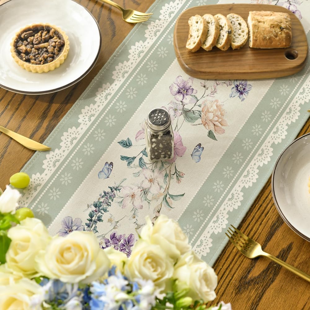 Green Printed Lace Floral 210 GSM Spring Table Runner, Seasonal Summer Kitchen Dining Table Decoration for Home Party Decor 13 × 72 Inch — image 4
