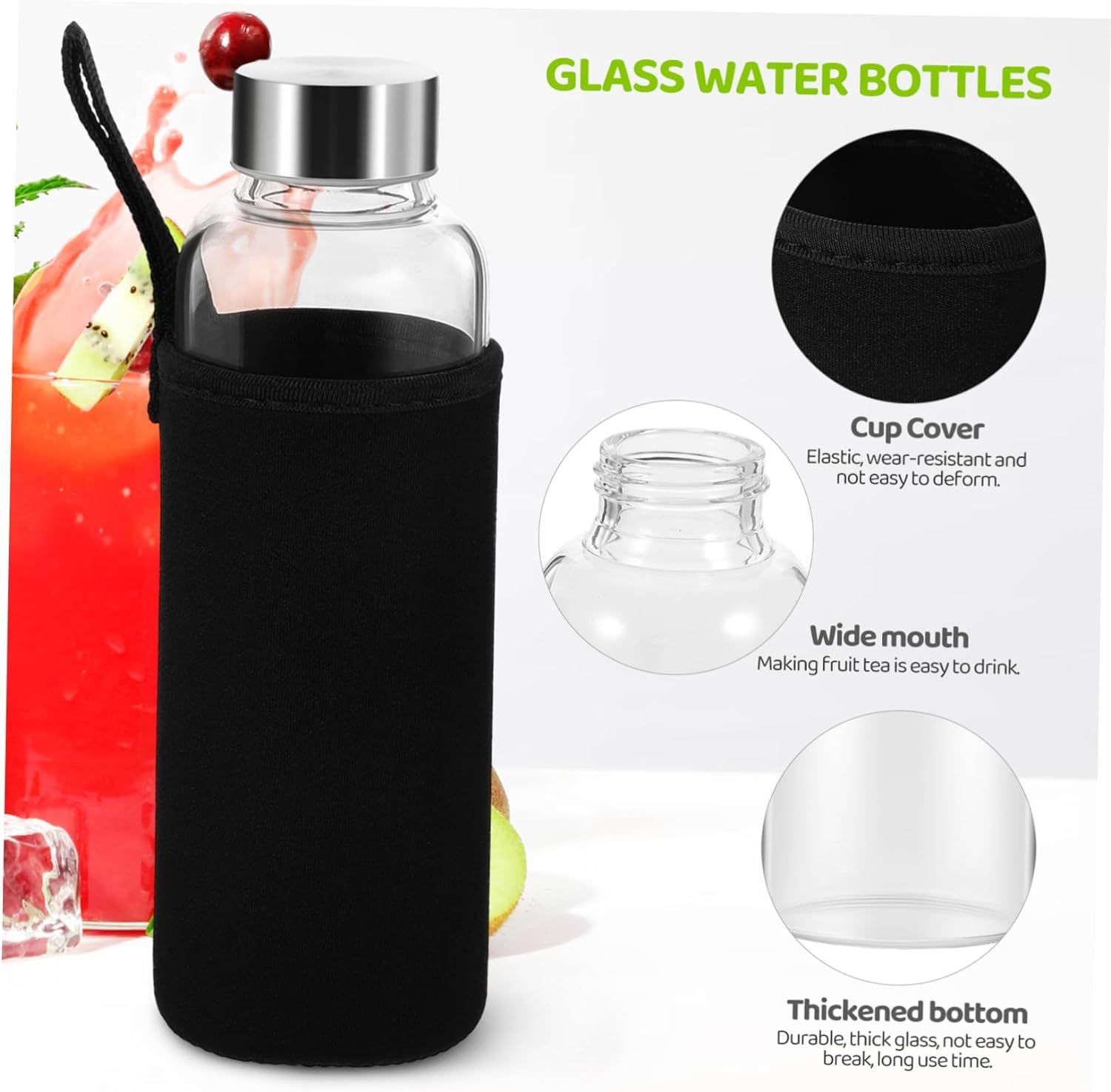 Glass Water Bottle 1000ml High Borosilicate with Neoprene Sleeve Leak Proof Lid Reusable Eco Friendly — image 4