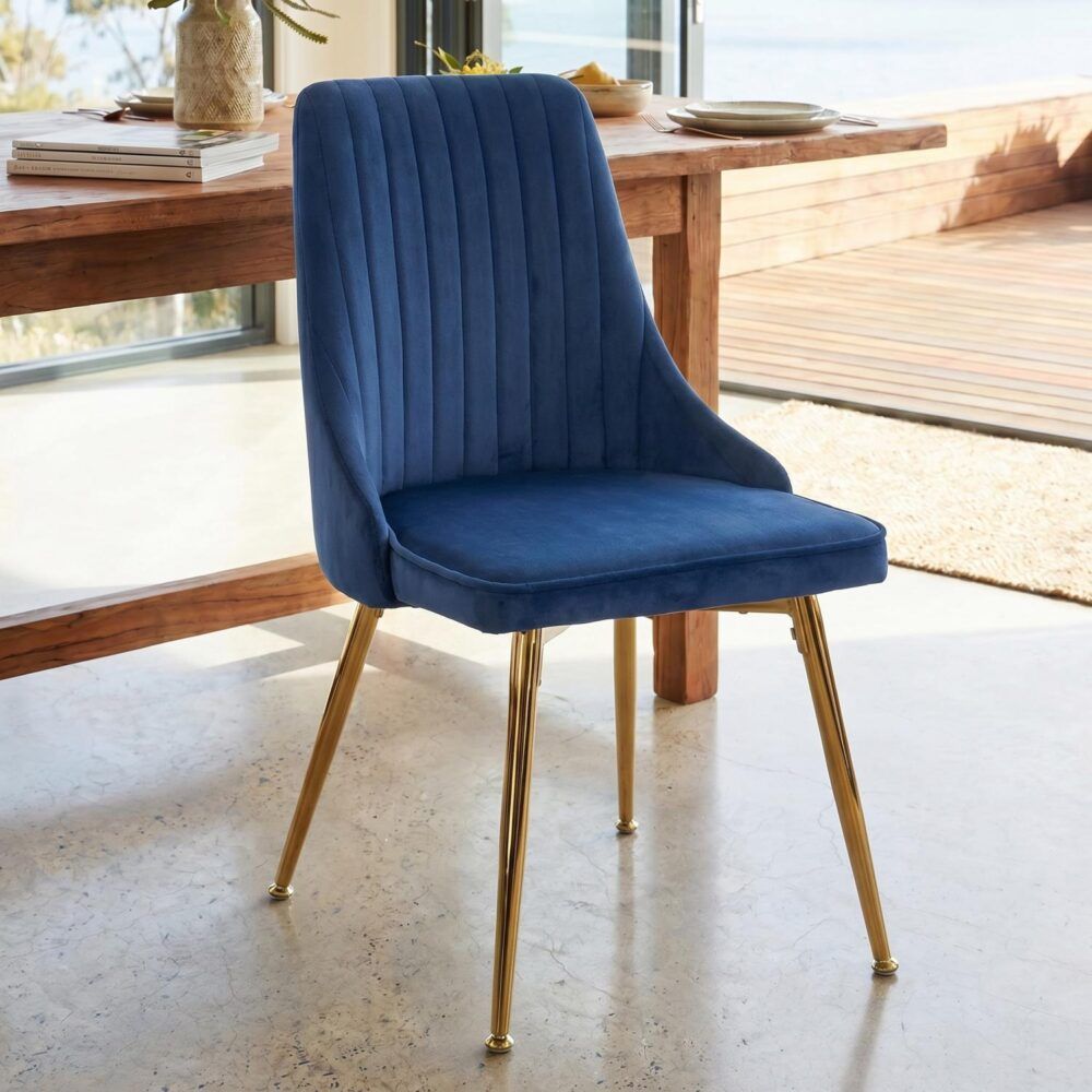 Viva Forever Set of 2 Blue Velvet Dining Chairs – Art Deco Design with Gold Metal Legs — image 4