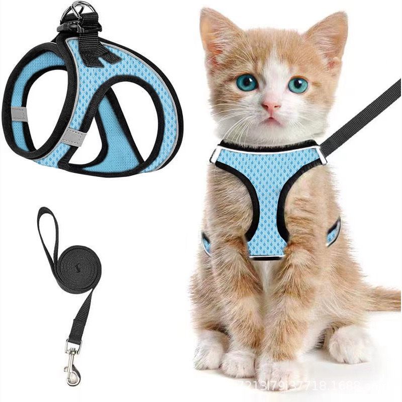 Escape-Proof Cat Harness and Leash Set with Reflective Soft Mesh Vest for Safe Outdoor Adventures with Your Feline Friend (S, Blue)