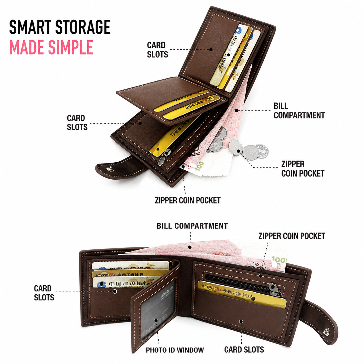Brown Mens Frosted PU Leather Trifold Wallet with Coin Zipper Pocket, Bill / Card Slots and ID Window, Australian Father's Day Gift — image 2
