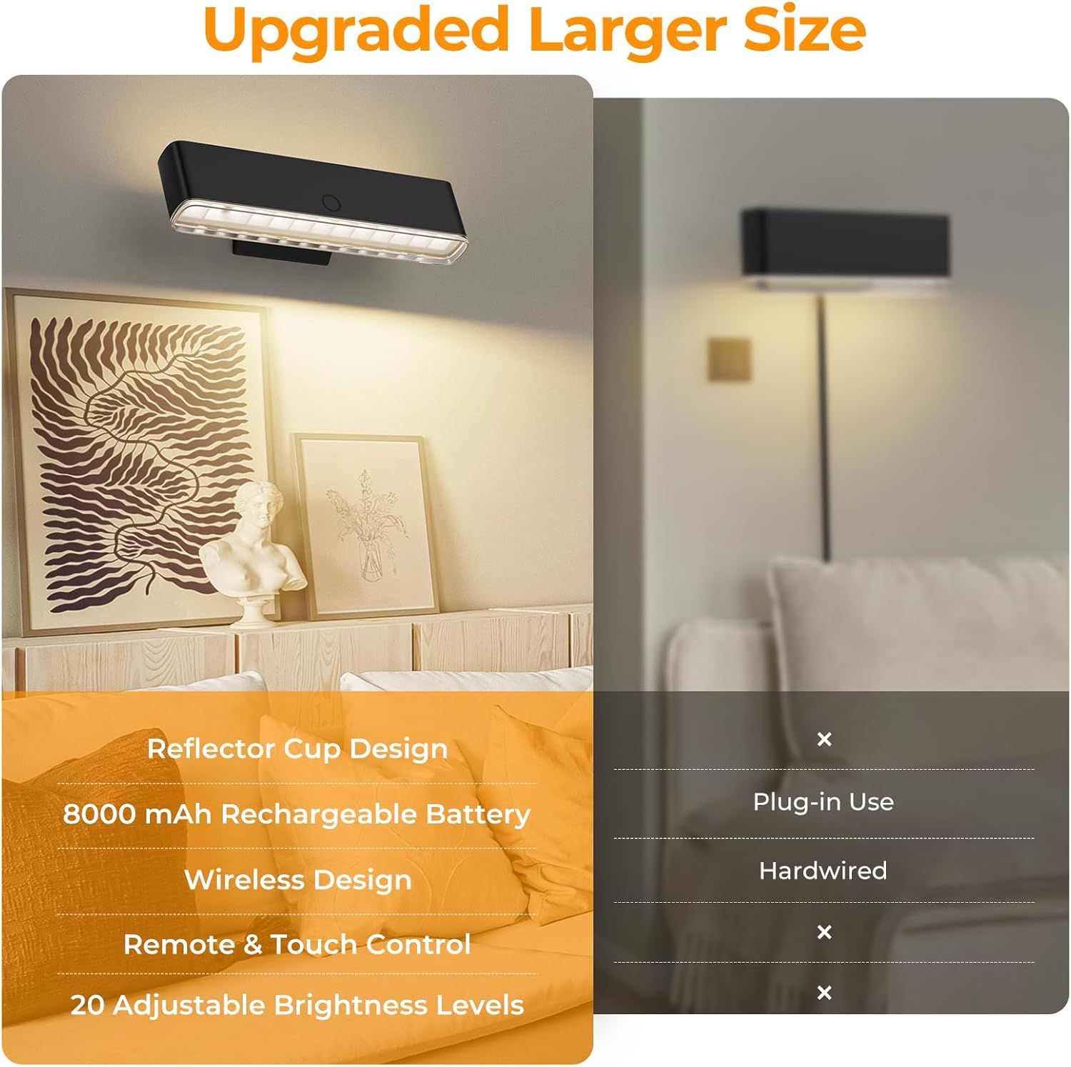 Battery Operated Wall Sconce Set of 2 Wireless Wall Lamp with Remote Control & Touch Control Rechargeable LED Wall Lights 3 Color Temperatures 360° Rotatable — image 3