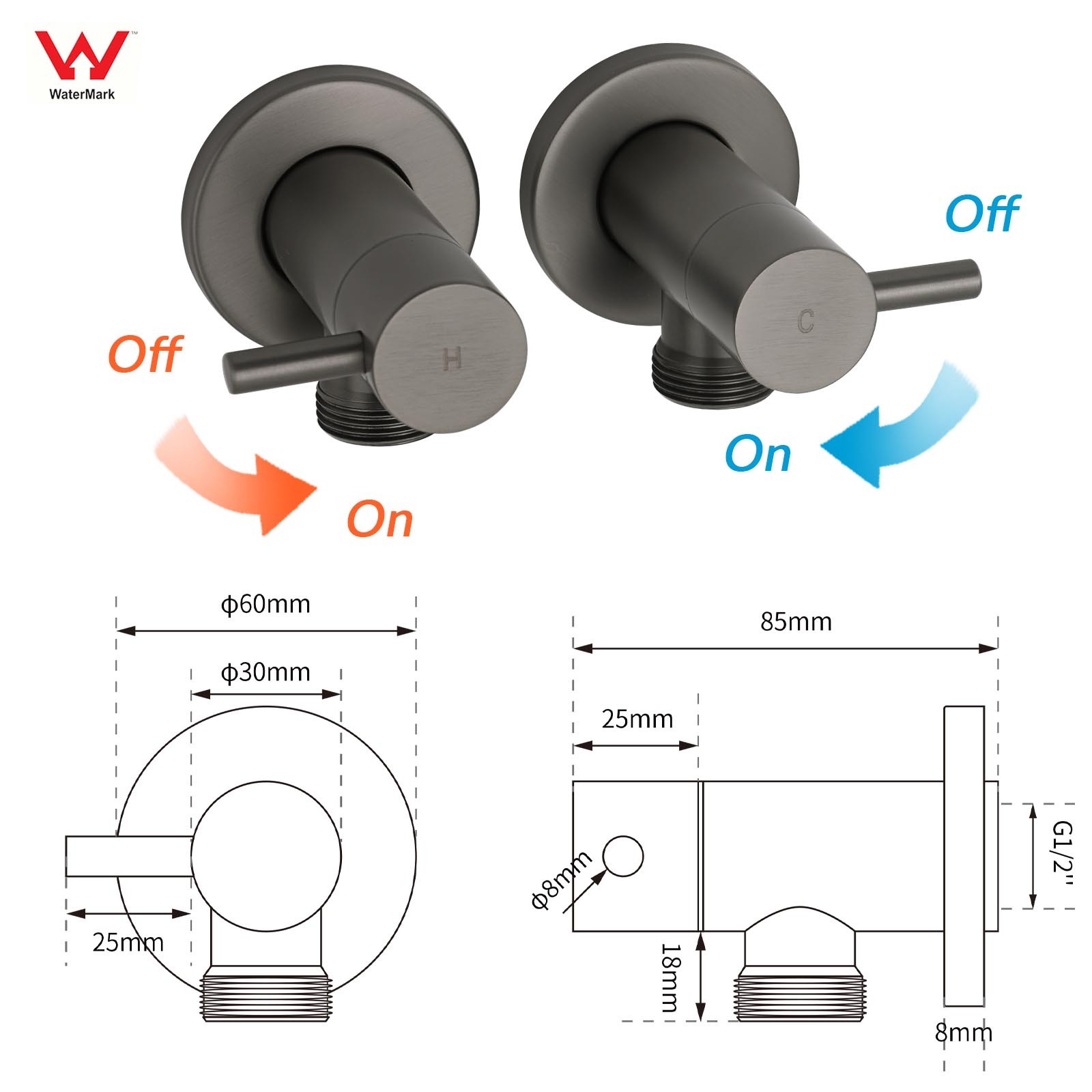 Gun Metal Grey Washing Machine 1/4 Turn Hot Cold Water Mixer Tap Set Watermark — image 2