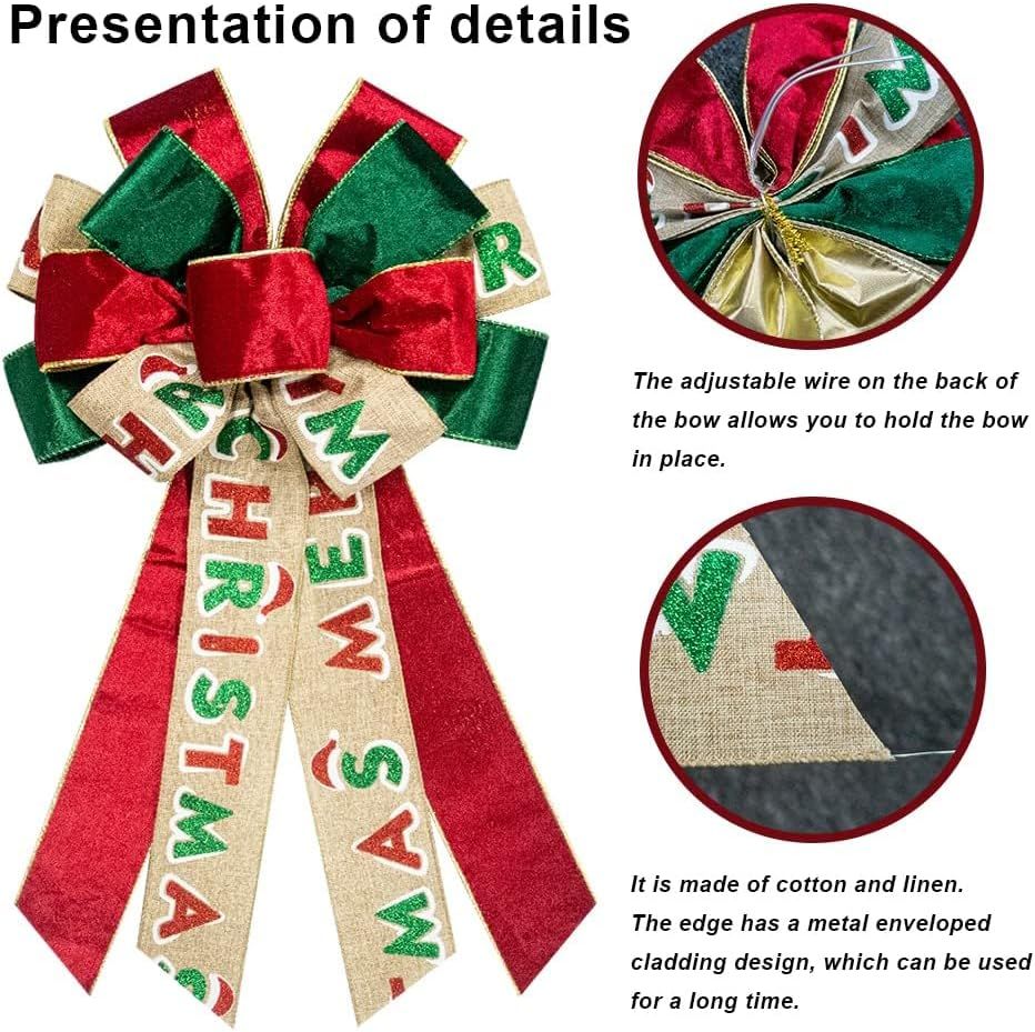 Large Christmas Bow for Wreath, Green Red Velvet Bows for Front Door Wall Fence Decor, Merry Christmas Words Wreath Bow Tree Topper Bow for Winter Christmas โ image 3