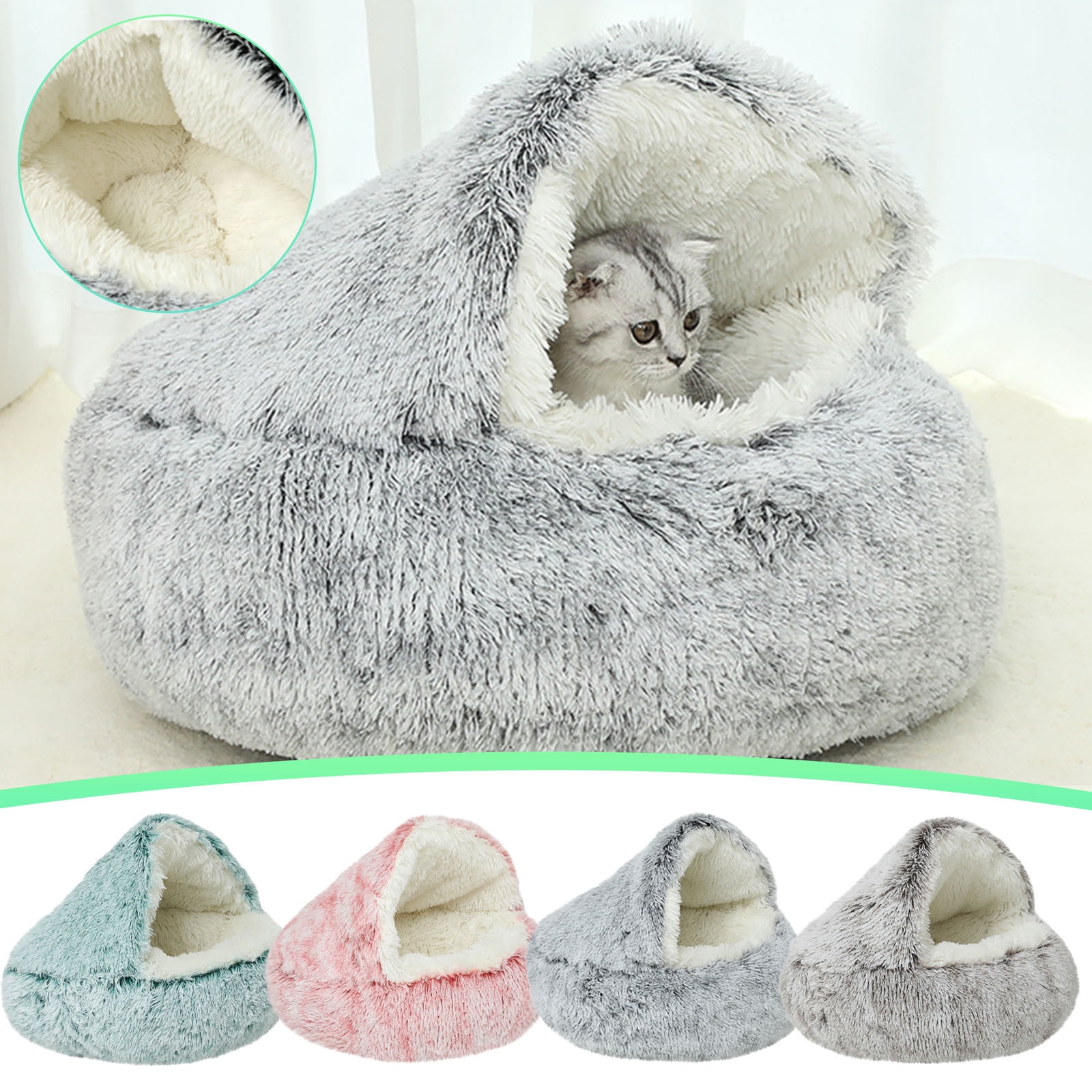 Calming Dog Beds & Cat Cave Bed with Hooded Cover, Removable Washable Round Beds for Small Medium Pets, Anti-Slip Plush Coved Bed for Pet (20"x20") L β image 2