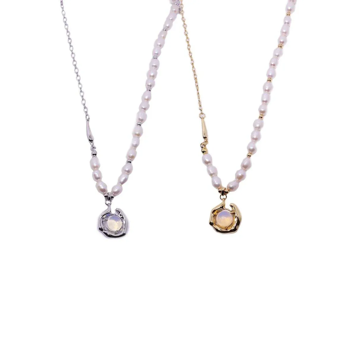 Vintage Moonstone and Pearl Necklace with Chain Fashion Jewelry Women and Girls - Silver — image 3