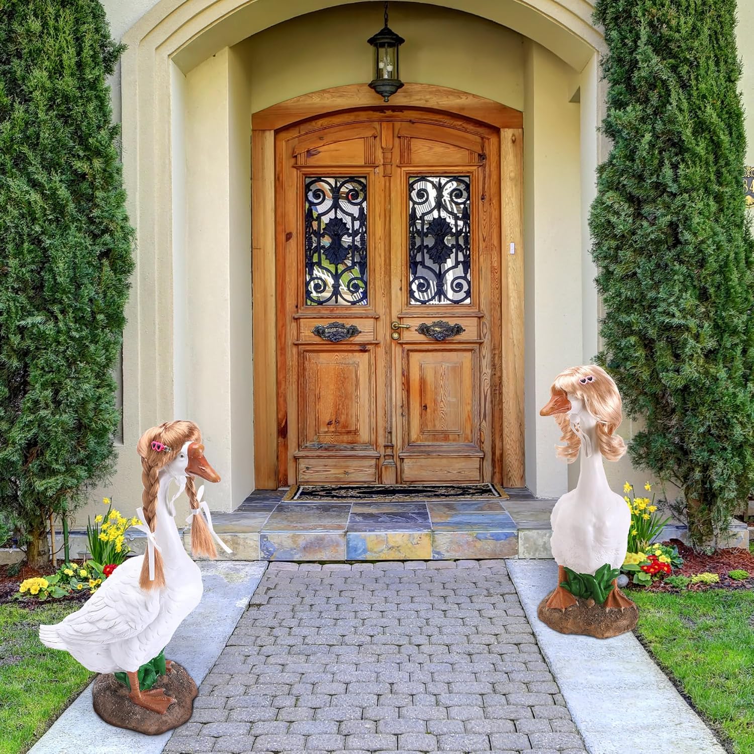4 Pcs Porch Goose Wigs with Hair Clips, Cute Lawn Goose Statue Braid Wig, Porch Goose Outfits Costume for Outdoor Garden Patio Yard Goosey Decoration — image 5