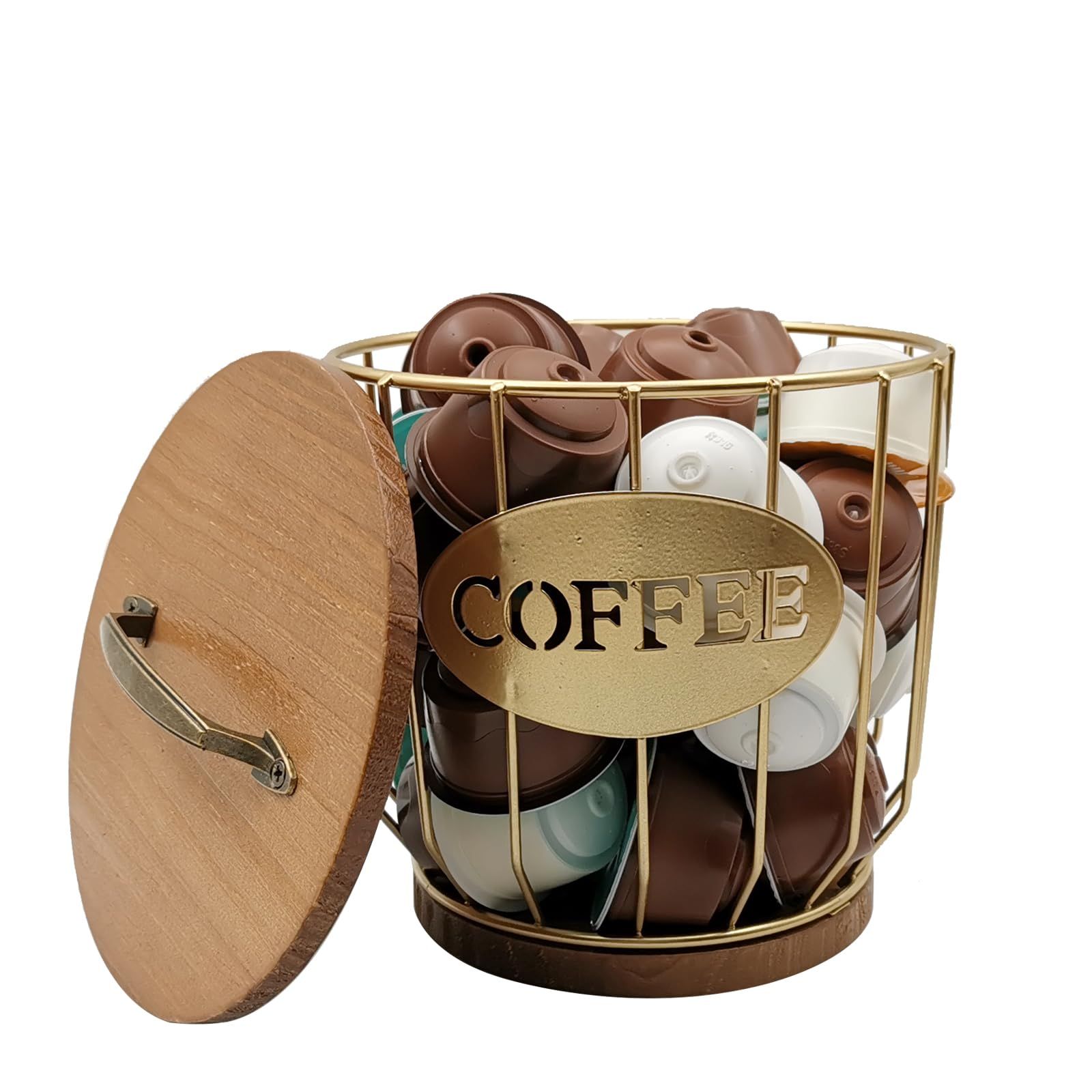 Round Coffee Pods Holder with Wooden Lid and Base,Wire Coffee Pods Storage Basket for Home Cafe Bar Countertop Decor(Gold) — image 4