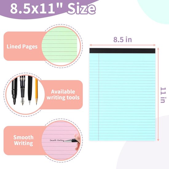 Coloured notepads, set of 3 writing pads 29.5 x 21.4 cm, with micro-perforation and sturdy back, broad lines, 50 sheets per pad, ideal for school, university — image 6