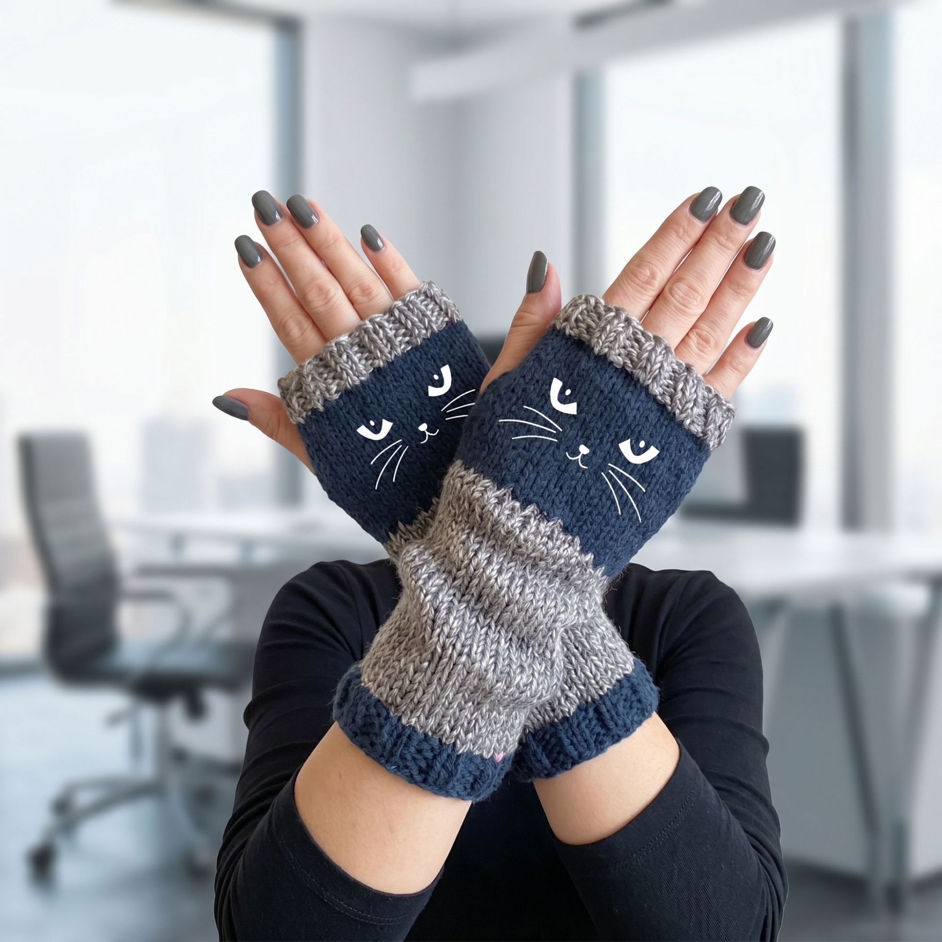 Fashion Spliced Knit Half Finger Gloves Cozy Hand Protection Work Mittens 2 Pcs Letter Green Pattern Great Christmas Present — image 6