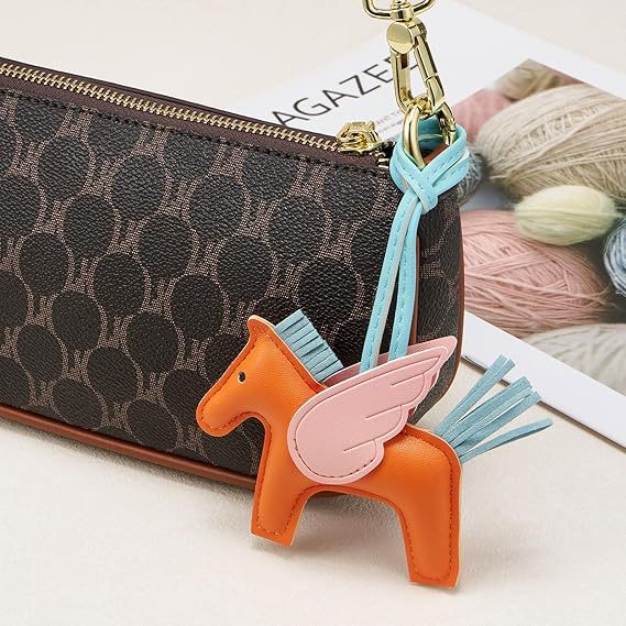 Orange PU Leather Pegasus Keychain – Cute Flying Horse Pendant with Wings and Rope, 3-Pack — image 4