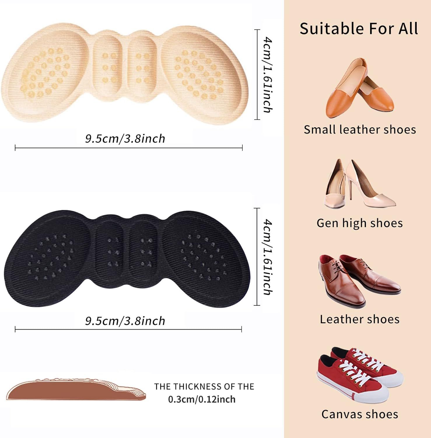 Heel Pads for Shoes That are Too Big Heel Inserts for Heel Grips Liner Cushions Inserts for Women Men, (4Pairs) Beige+Black — image 3