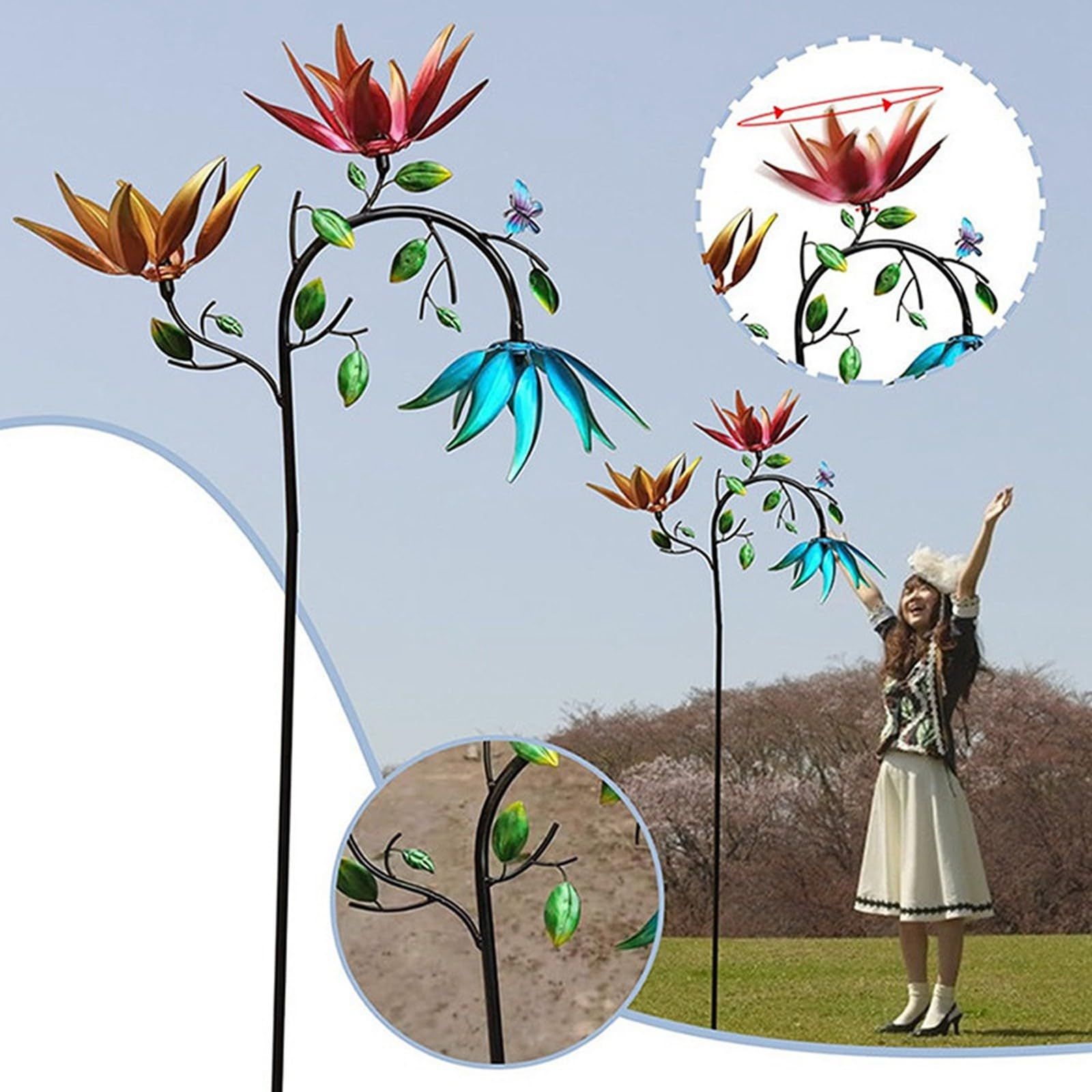 Large Metal Wind Spinner with Three Spinning Flowers and Butterflies Windmill Spinner for Yard and Garden Outdoor Art Decoration — image 3