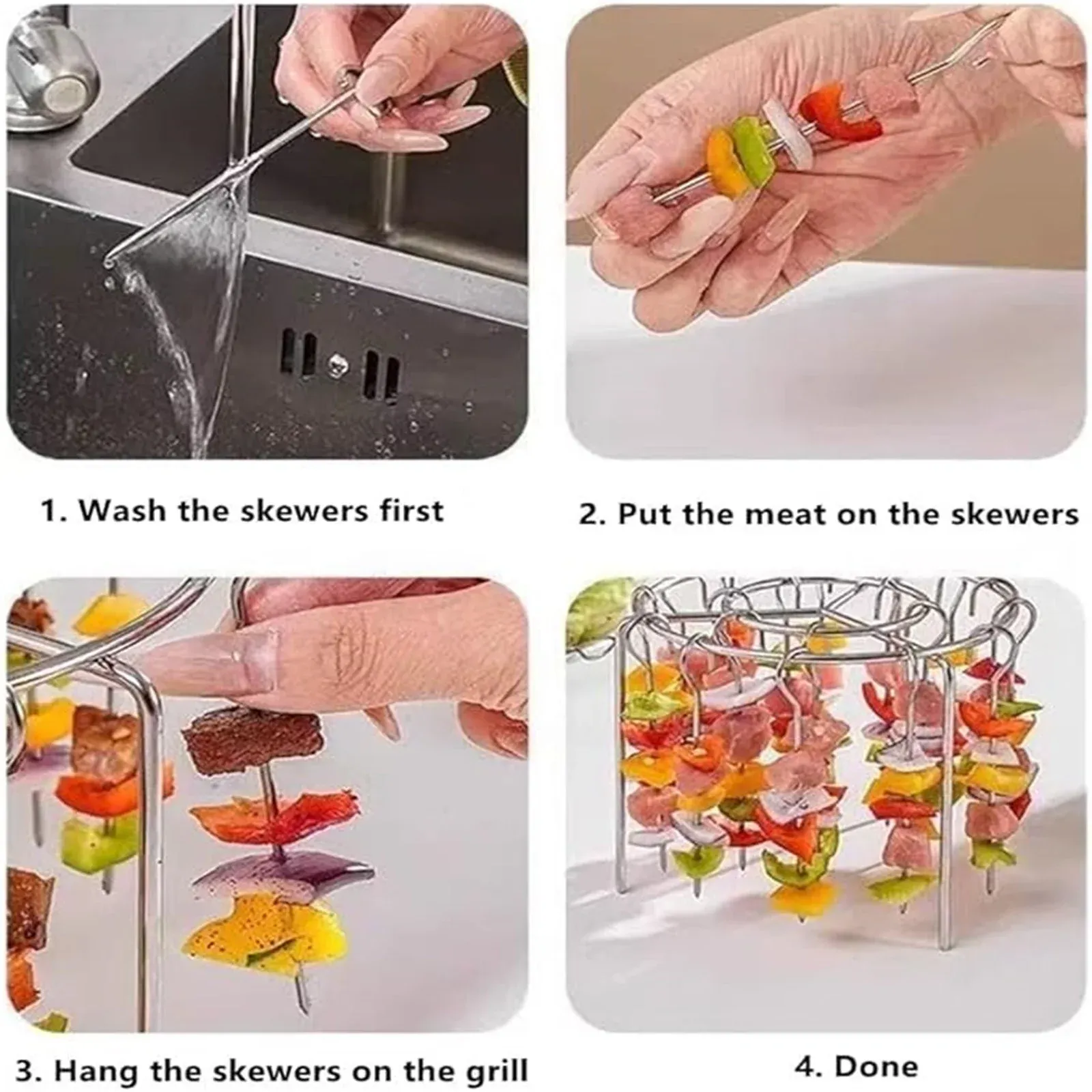 Stainless Steel Vertical Air Fryer Rack, Barbecue Grill Stand with Skewers for Oven Cooking, Kabob, Meat and Vegetable Roasting — image 4