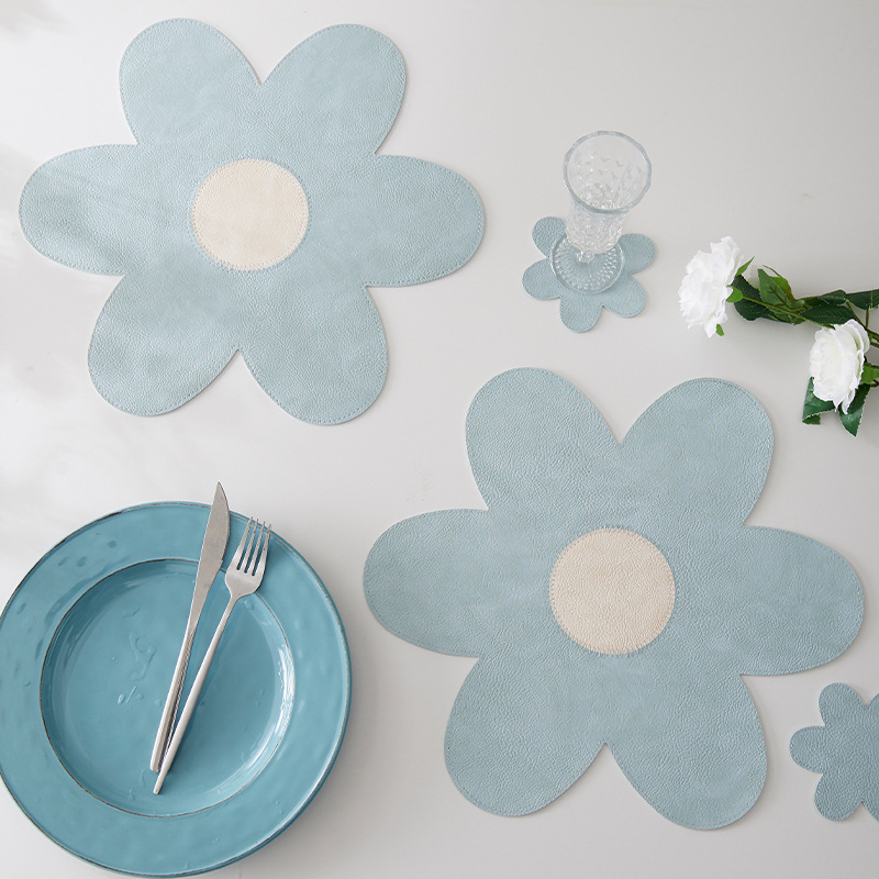 Blue Background With White Heart + Blue Background Set of 6 Reversible Flower Shaped Placemats - Waterproof PU Leather Dining Table Mats โ image 3