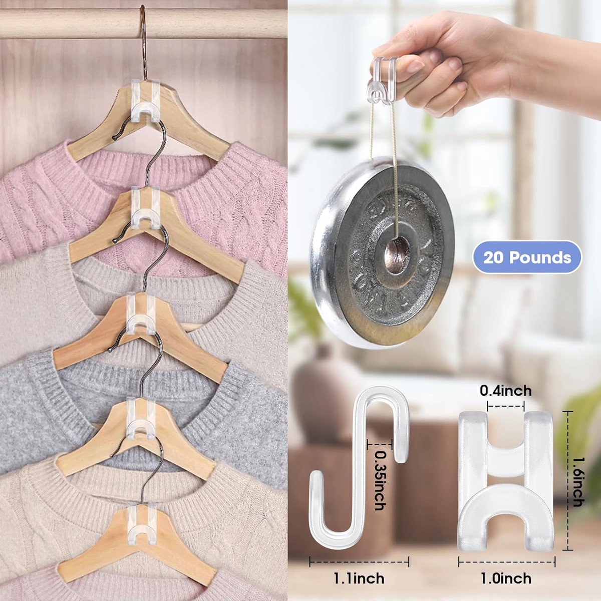 Hanger Hooks | Hooks - S-Hook Hangers - Transparent - 100 Pieces - Coat Hook - Space-Saving Hanger Connector Hooks - Plastic Hanger Connectors - Ideal for — image 5