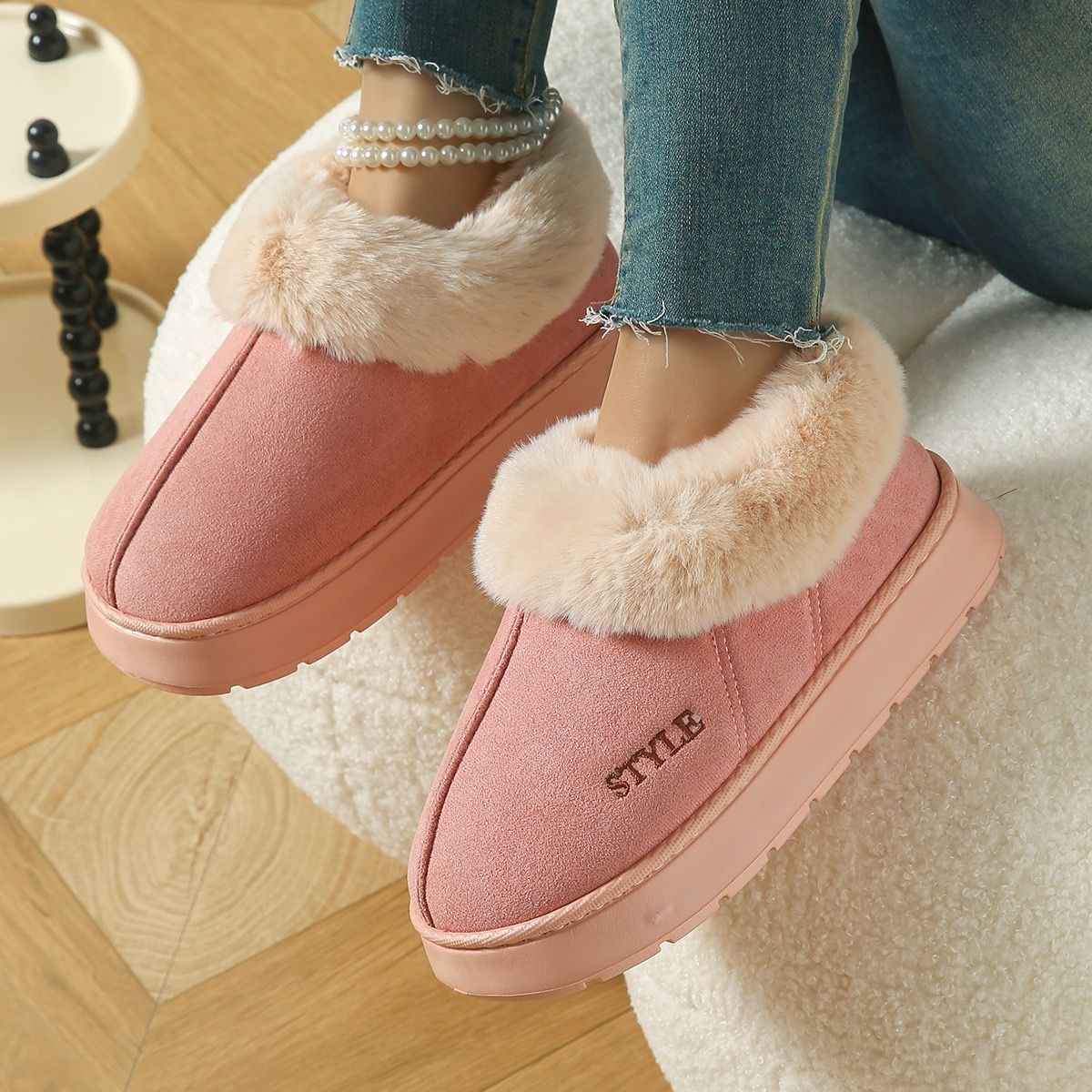 Cozy Winter House Slippers with Thick Sole, Faux Suede and Plush Lining, Non-Slip Indoor-Outdoor Wear, Solid Color Lace-Trimmed Simple Style for Warmth and