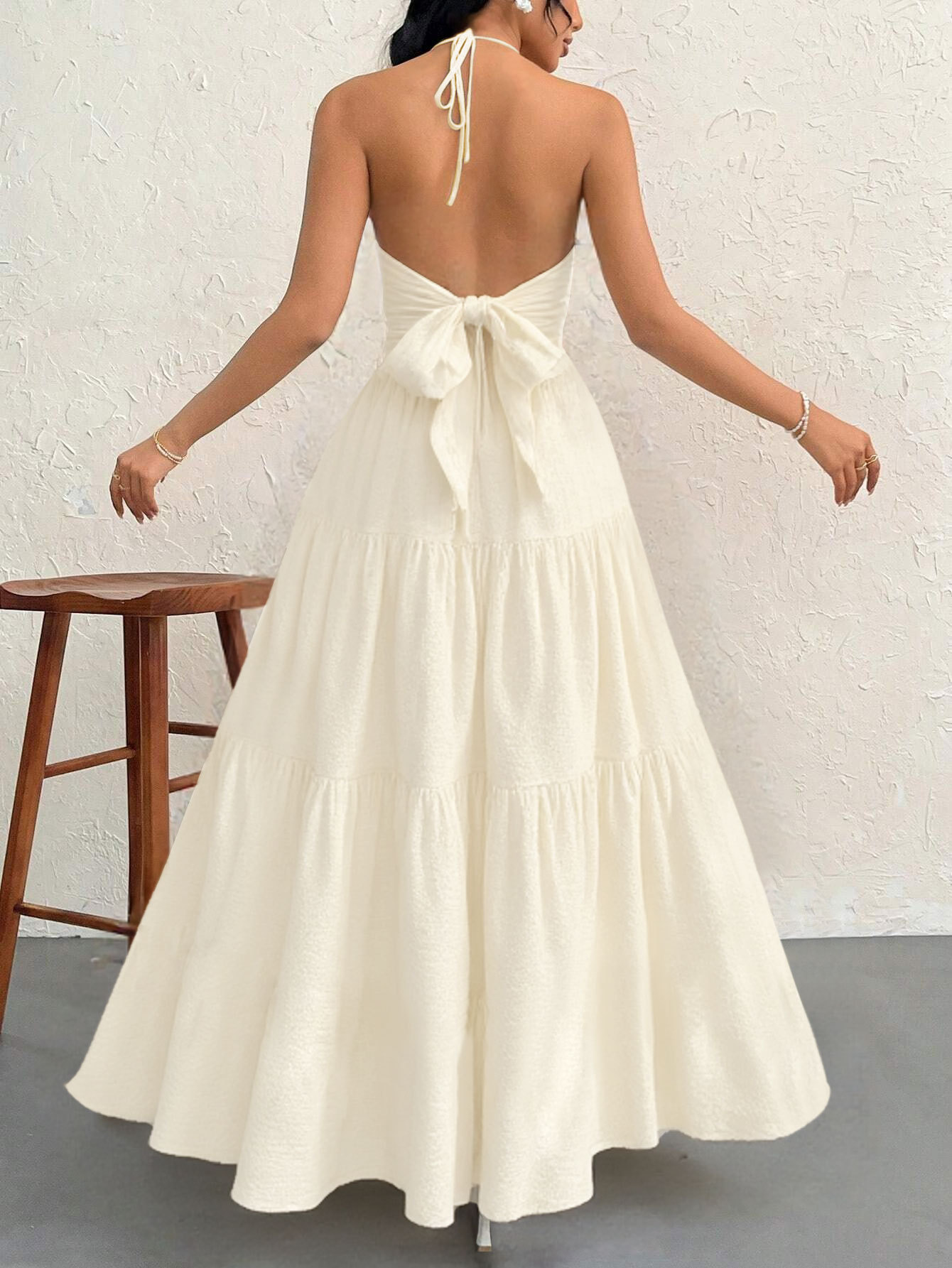 Apricot L Size Women's Elegant Halter Maxi Dress Summer Backless V-Neck Sleeveless Long Beach Resort Gown โ image 2