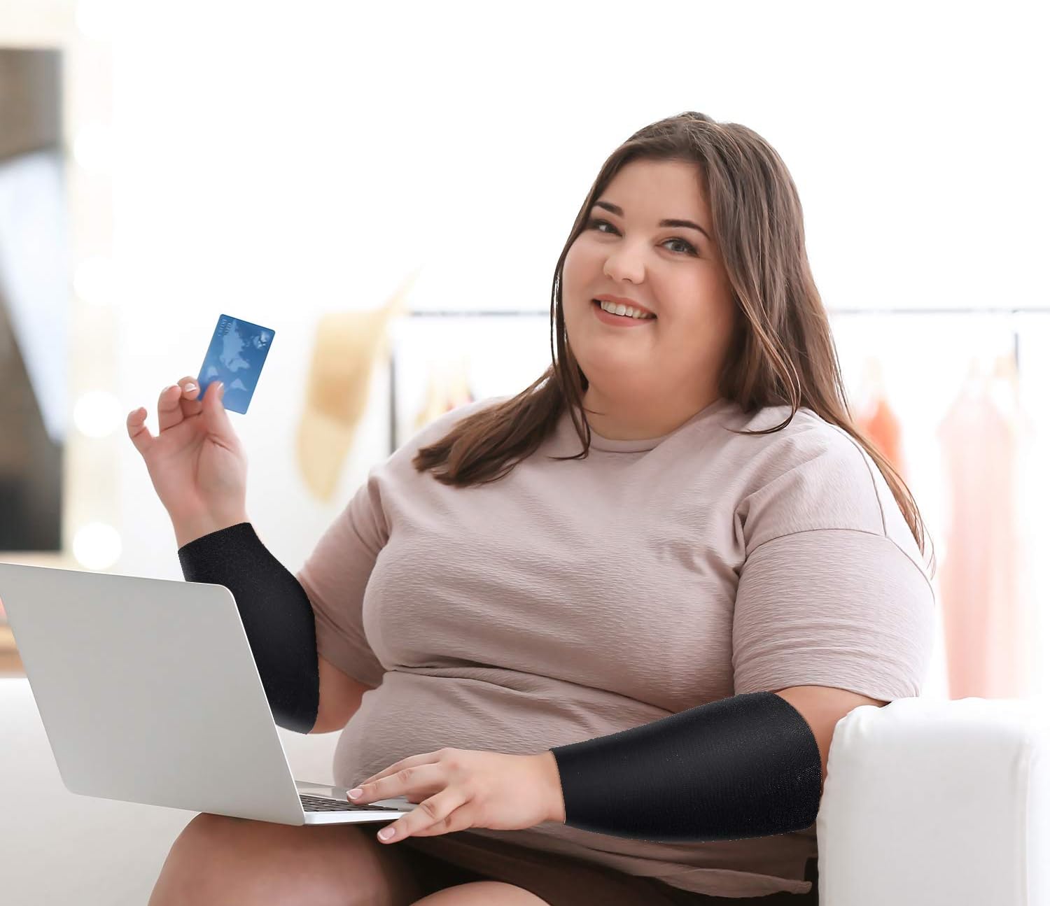 2 Pairs Women Arm Shapers Plus Size Slimming Compression Sleeve Slim Upper Flabby Arm Wrap and 1 Pair Calf Compression Sleeves, Suitable for Circumference 7 — image 5