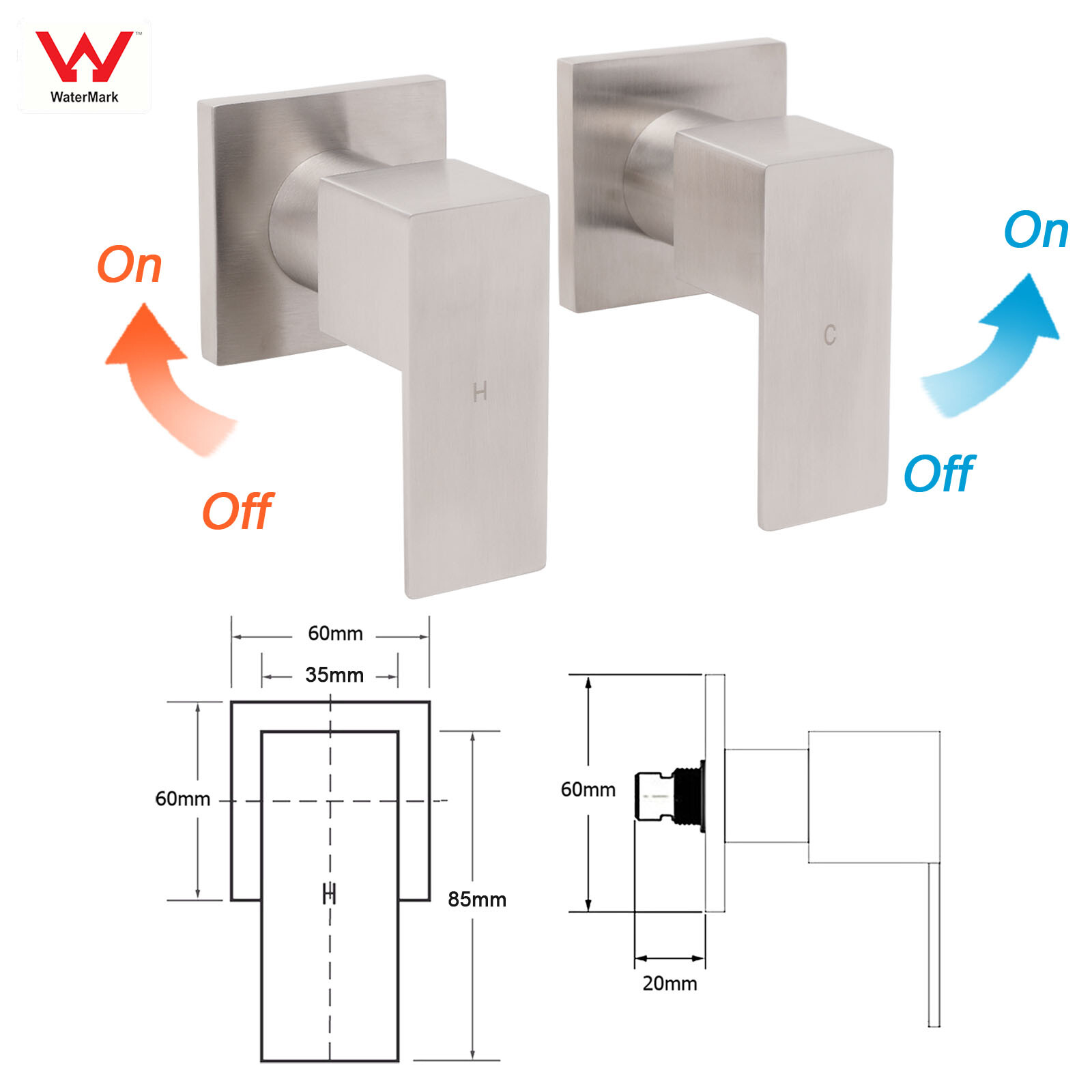 Brushed Nickel Square 1/4 Turn Wall Mounted Twin Taps For Shower Bath Spout Set โ image 2