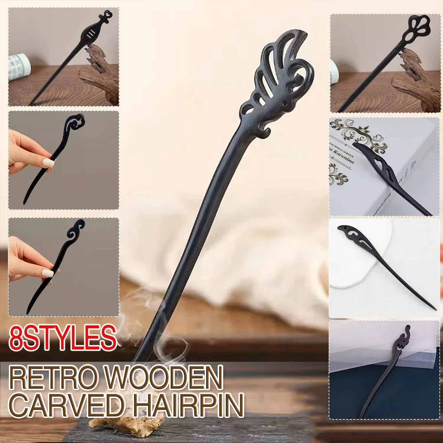 Retro Wooden Carved Hair Sticks Women Hairpin Barrette Chopsticks Accessories - I โ image 2
