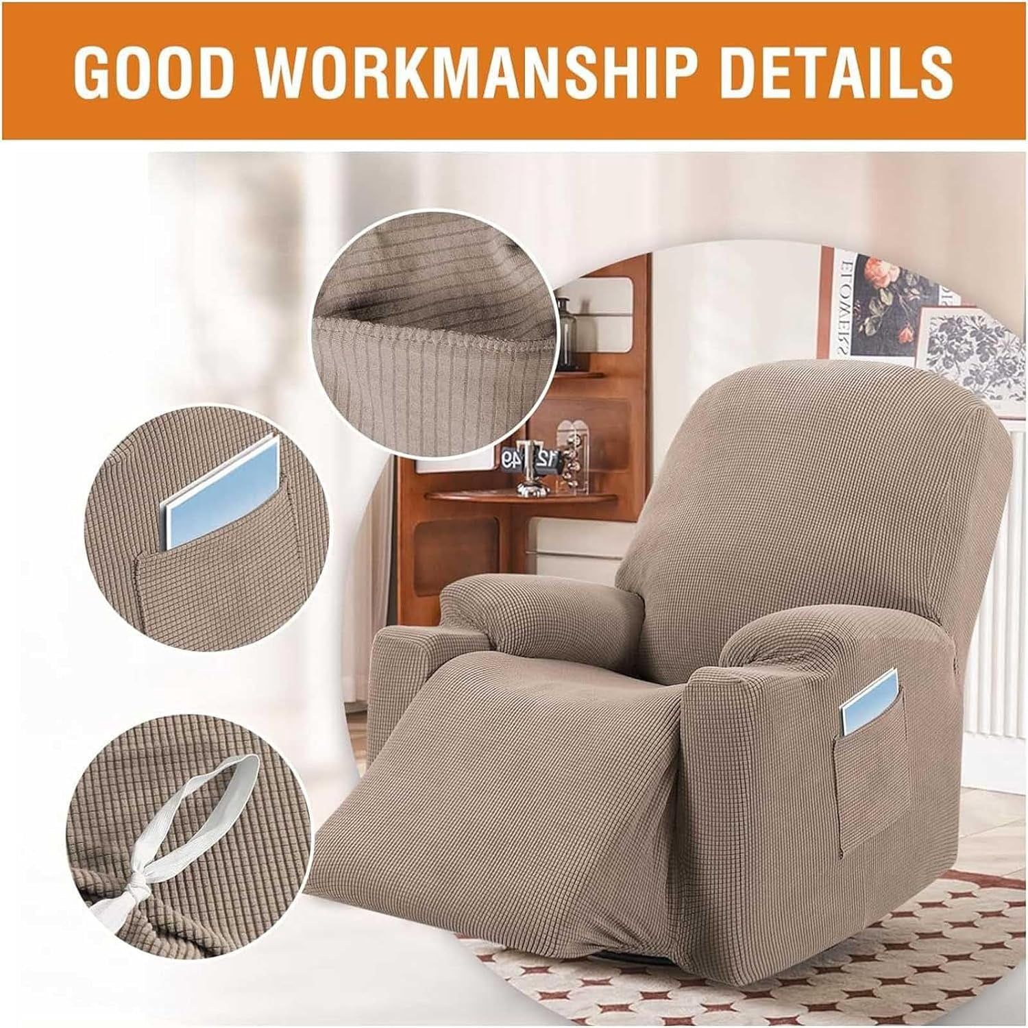 Recliner Slipcover High Stretch Soft Jacquard Fabric with Side Pocket for Standard Power Lift Recliner Beige, Letter E Option โ image 4