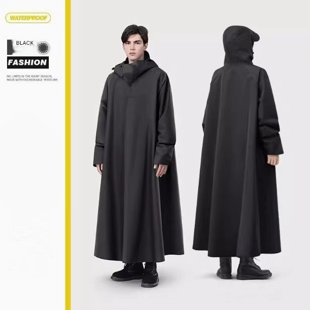 Black Long Full-Body Waterproof Raincoat for Electric Scooters & Motorcycles - Men's and Women's Riding Poncho with Adjustable Hood and Sleeve