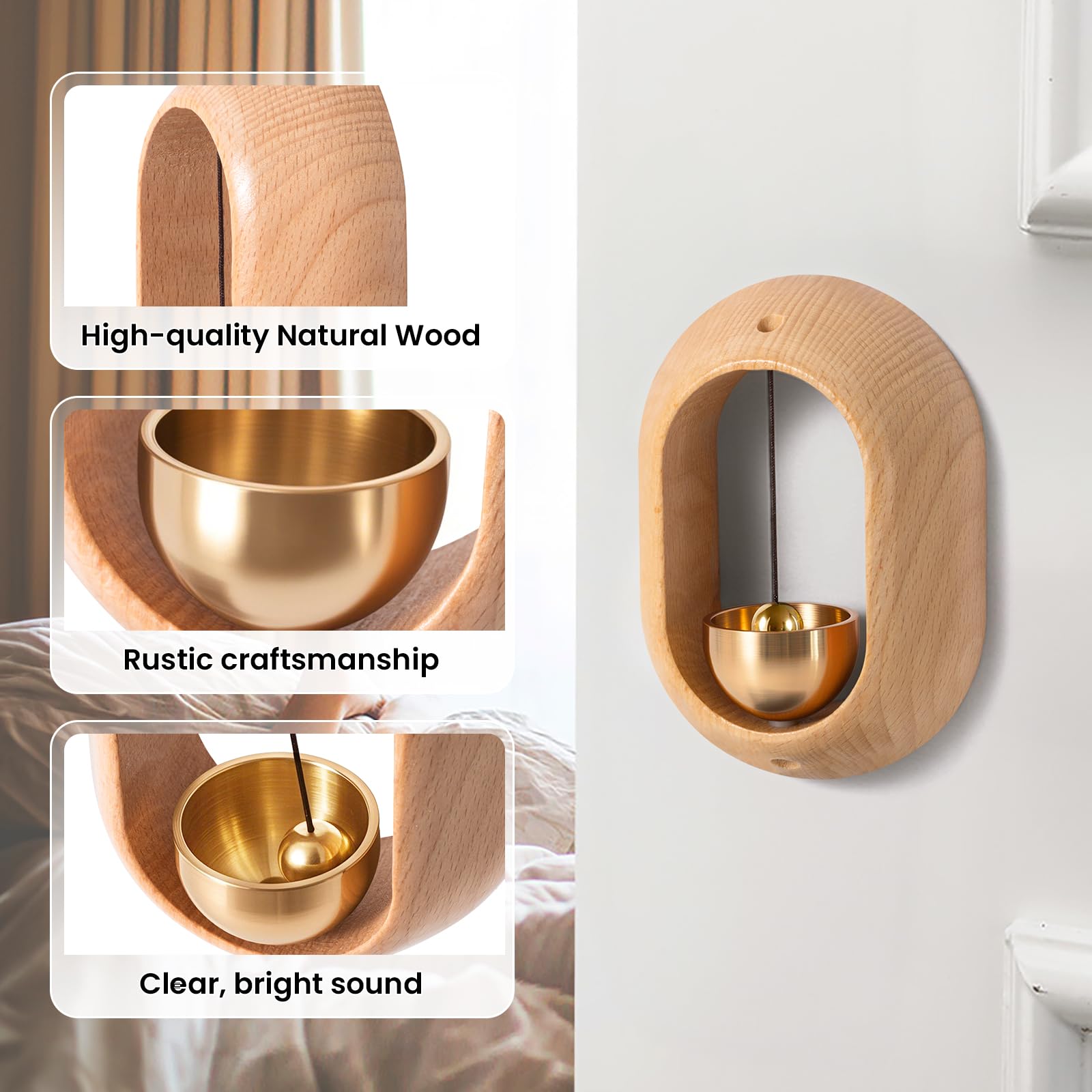 1 Piece Vintage Wooden Door Bell with Copper Chime and Magnetic Mount for Entryways and Bedrooms, Beech Tall Oval Design — image 2