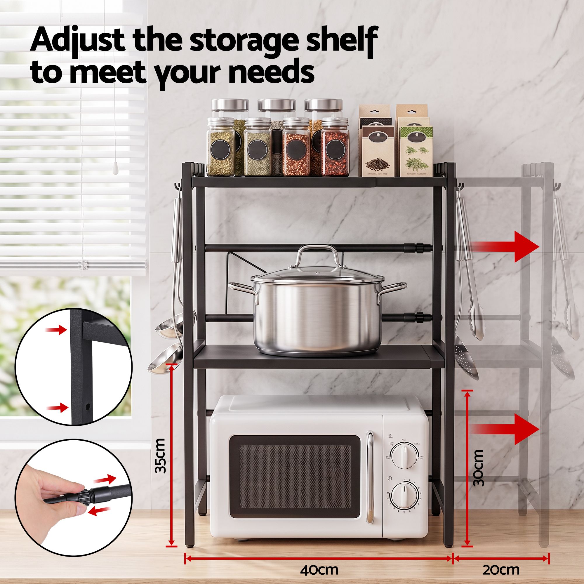 Artiss Kitchen Bakers Rack 40-60CMX78CM Metal Microwave Stand Black โ image 6