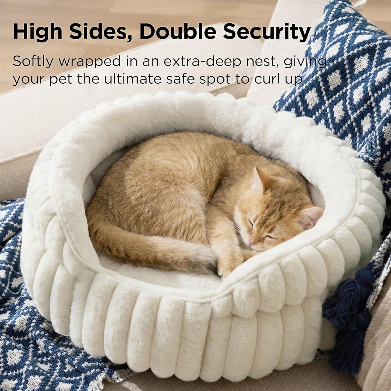 Cat Bed, Washable Round Cute Pet Beds for Indoor Cats, Super Soft Corduroy Kitten Bed with Anti-Slip Bottom, 20''x20''x8'', Cream — image 2