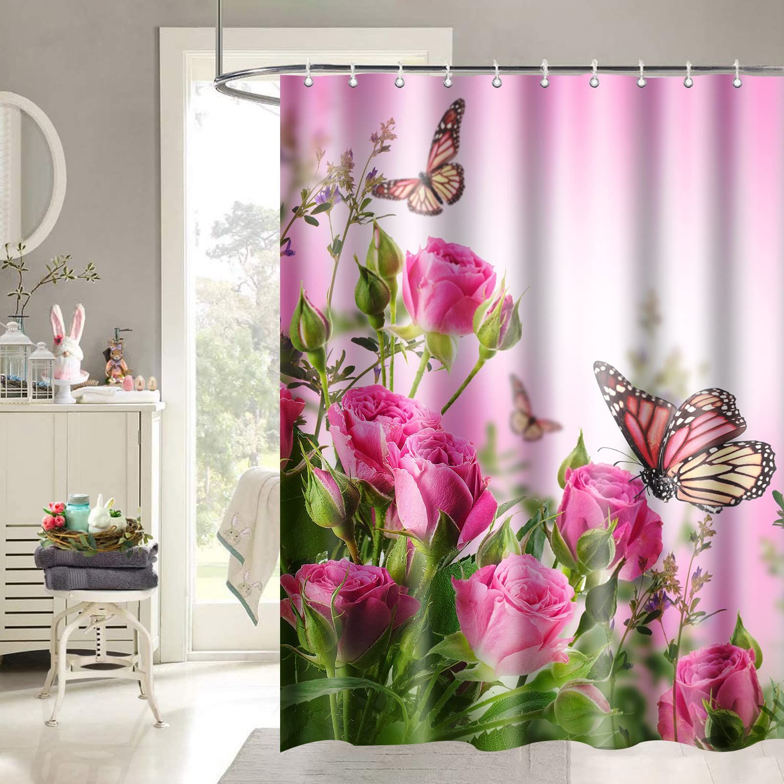 Butterfly Floral Shower Curtain 72 x 72 Inch, Pink Rose Blossom Shower Curtain Spring Romance Flower Bouquet Shower Curtain โ image 3
