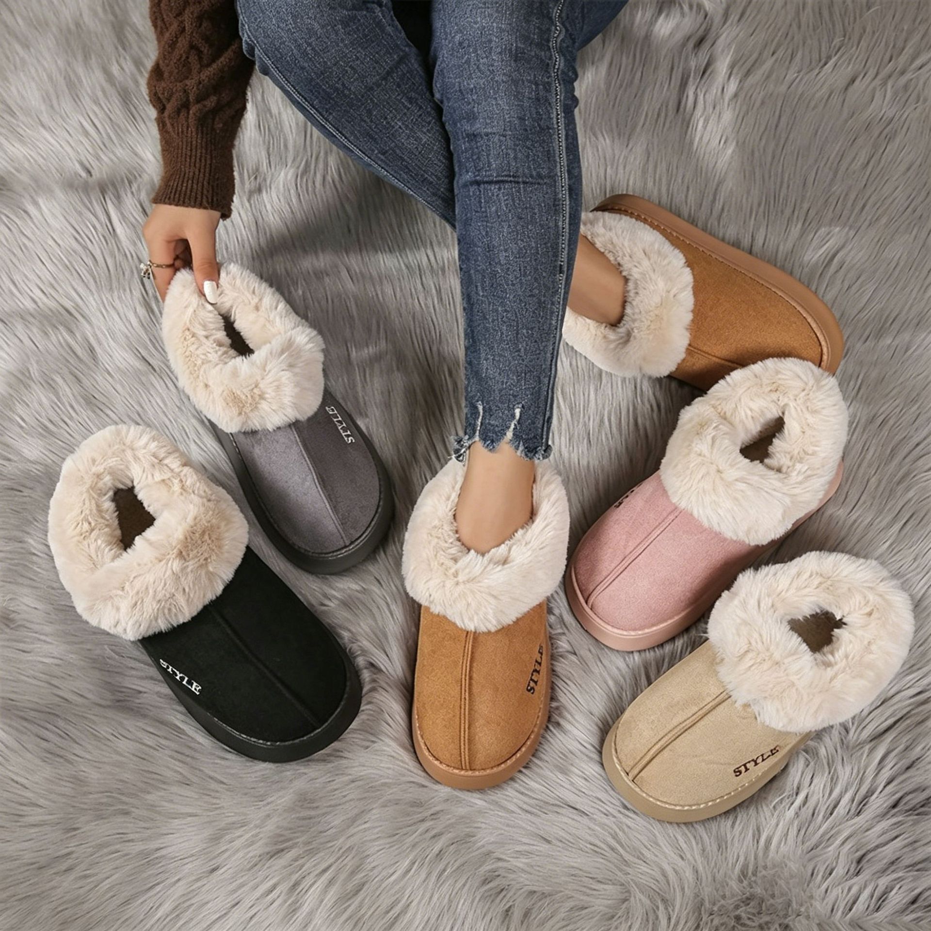 Cozy Winter House Slippers with Thick Sole, Faux Suede and Plush Lining, Non-Slip Indoor-Outdoor Wear, Solid Color Lace-Trimmed Simple Style for Warmth and — image 3