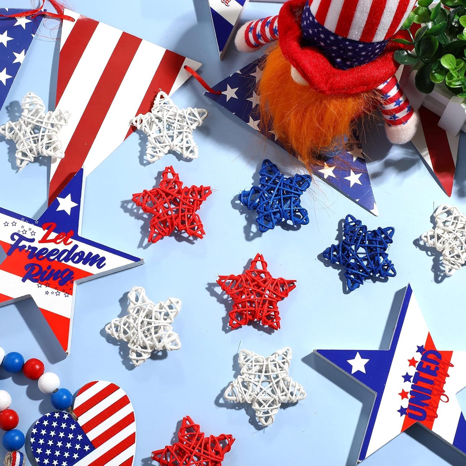 24 Pcs 4th o July Natural Rattan Stars Decoration 250th Anniversary Memorial Day Patriotic Red White Blue Wicker Rattan Stars or Vase Bowl iller Home DIY Crat โ image 5