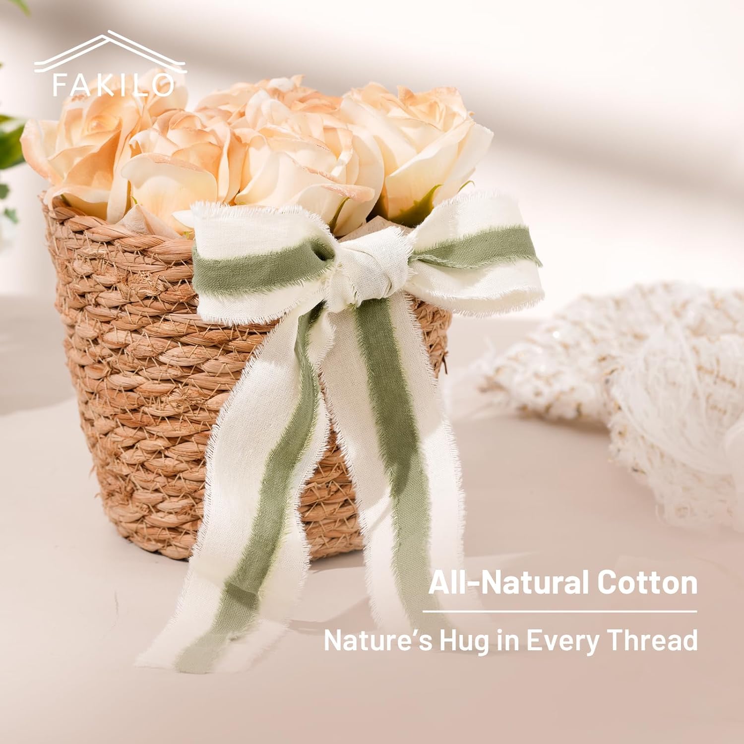 Natural Rustic Cotton Ribbon with Frayed Edge, Sage Green 100% Cotton Ribbon 5/8"x 24yds for Vintage Wedding Bouquets,Invitations,Baby Shower,Gift Wrapping,DIY — image 5