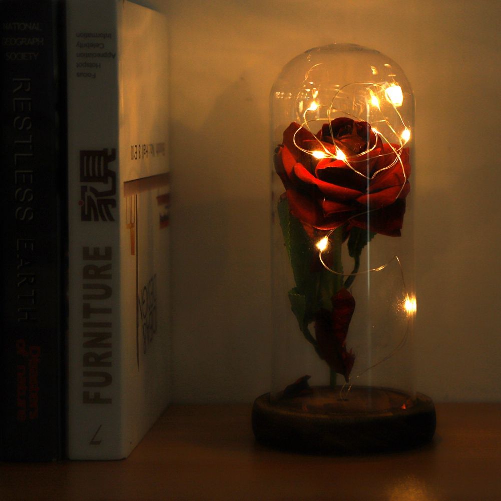 Preserved Rose Flower LED Light with Glass Cover Wooden Base Valentines'Day Wedding Gift Red โ image 2