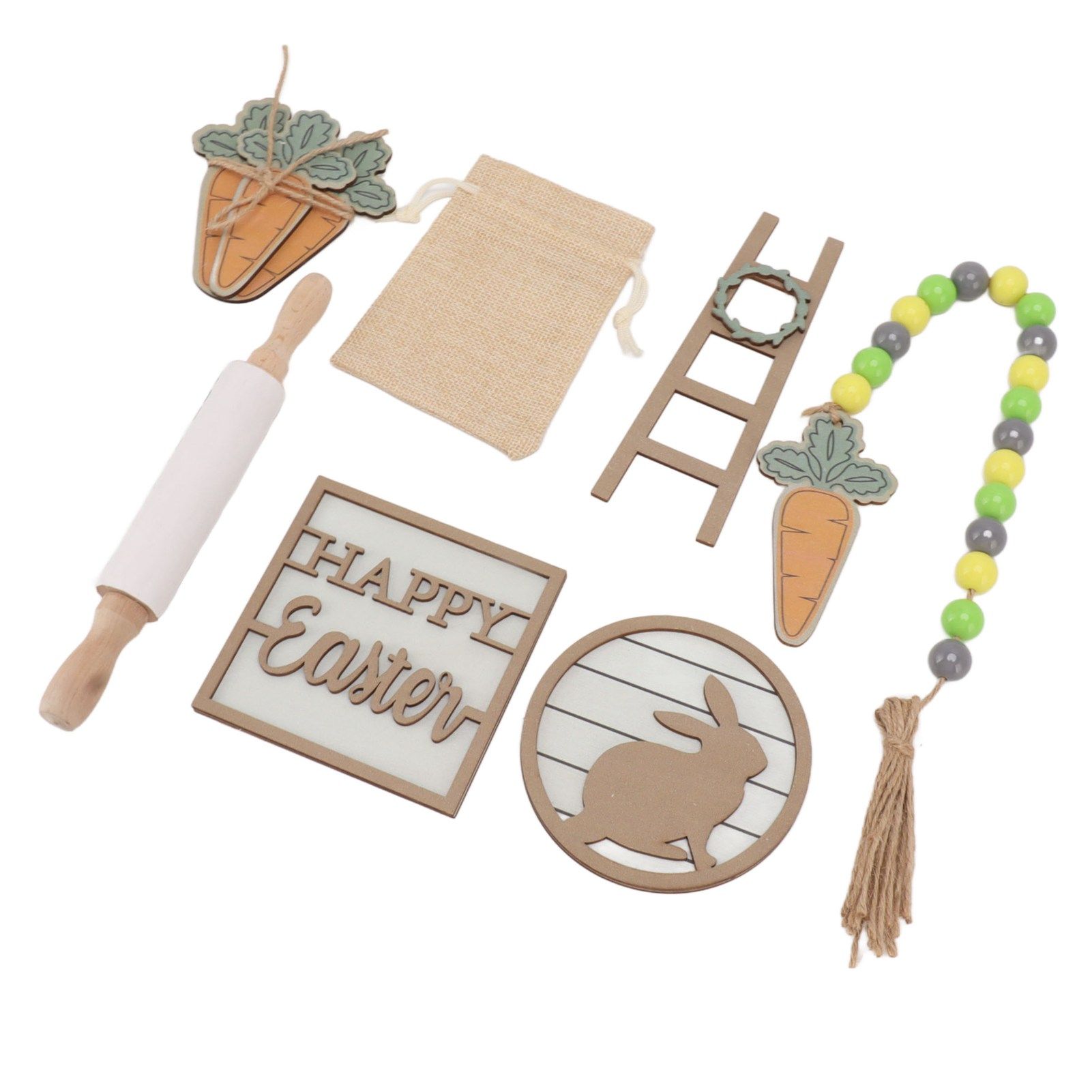 Easter Tiered Tray Decor Bunny Carrot String Bead Rolling Pin Ladder Wooden Easter Tray Decoration — image 5