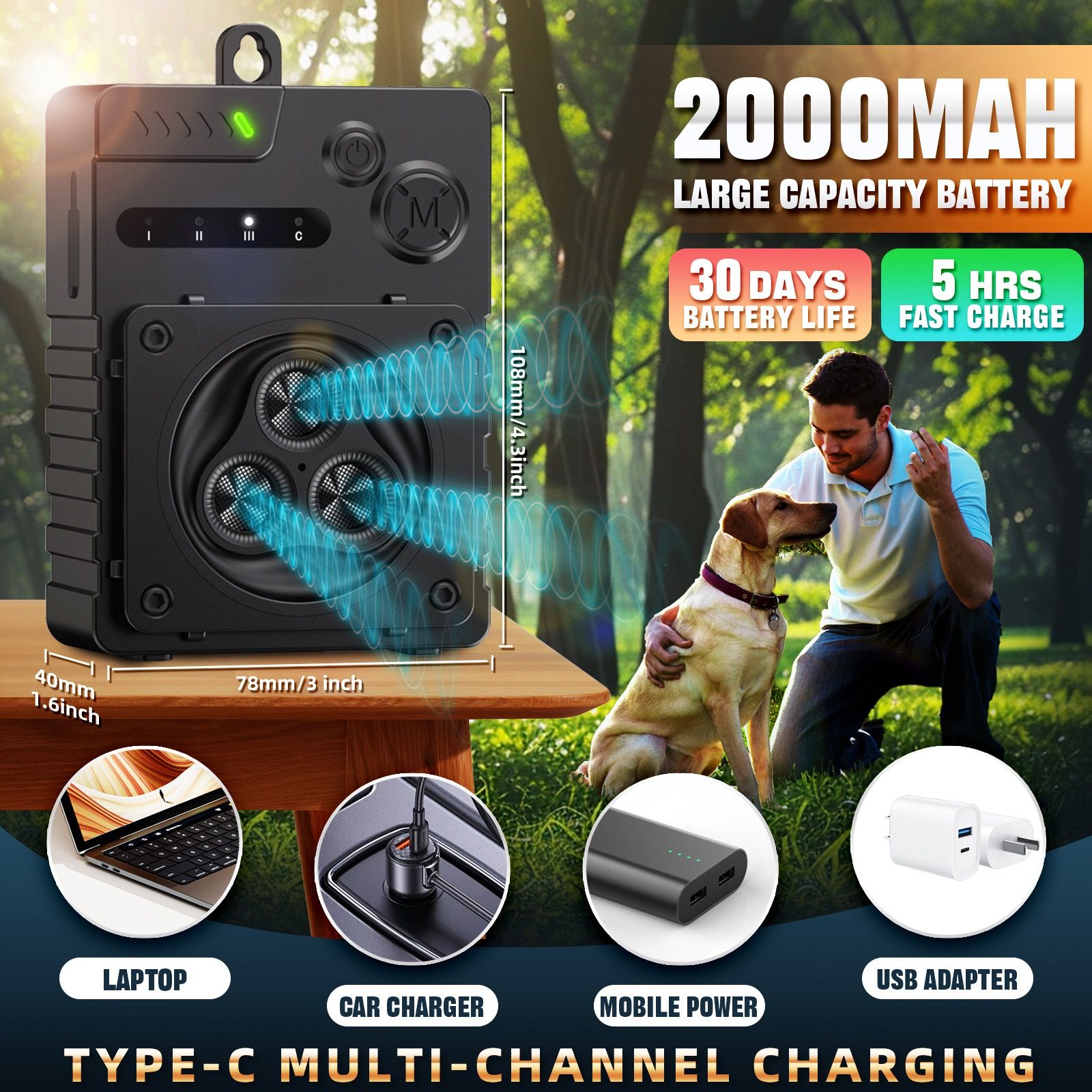 Smart Ultrasonic Bark Control Device with 4 Adjustable Modes, Rechargeable Outdoor Anti-Barking Deterrent for Yards, Kennels, and Indoor Use, Safe for All Dog — image 2
