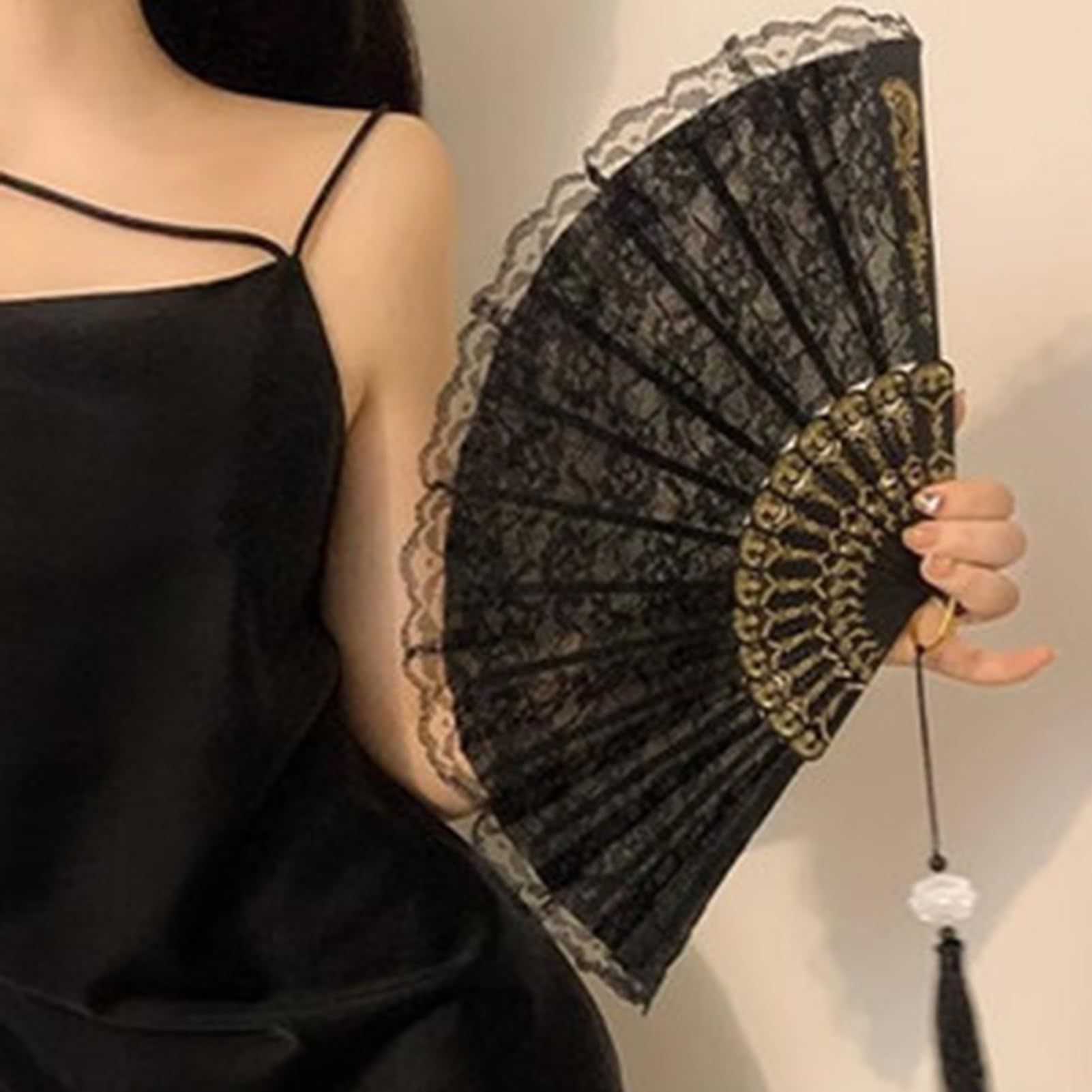 Vintage Lace Folding Fan with Tassel Handheld Chinese Vintage Style Hand Held Fan Dance Performance Photo Props Party Black โ image 3