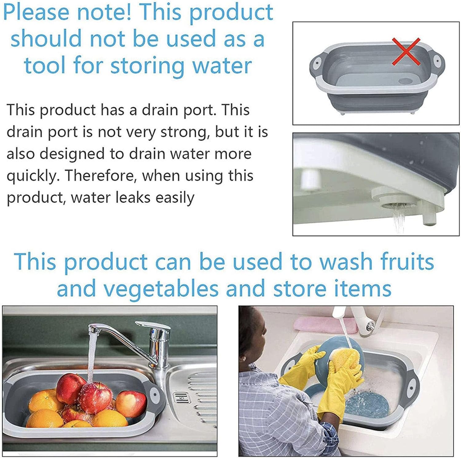 3-in-1 Grey Collapsible Cutting Board & Drain Basin & Storage Tub - Portable Multifunctional Food Grade Storage Basket(37x27x12cm) — image 3