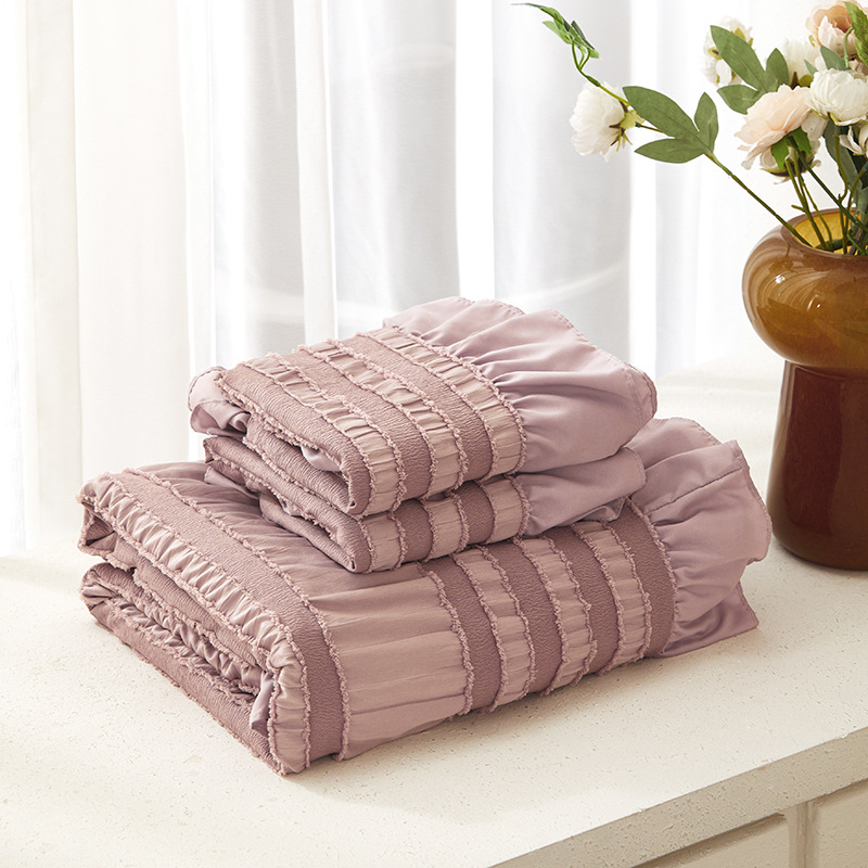 Pink Elegant Ruffle Seersucker Duvet Cover with 2PCS Pillow Shams - 3-Piece Vertical Stripe Clipped Floral Textured Bedding (King Size 264 x 229 CM) โ image 2